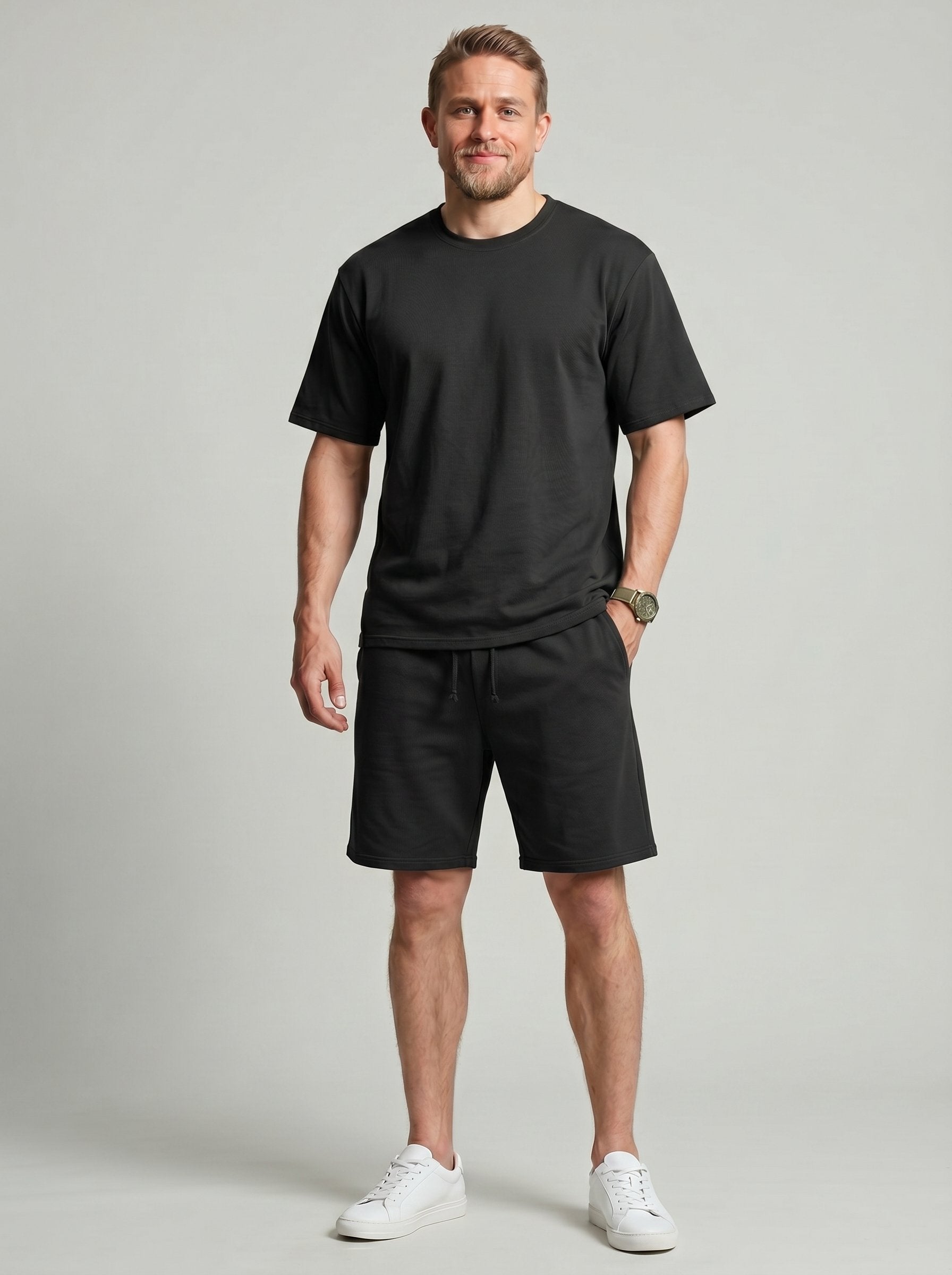 KZZ Solid-Color Crew-Neck T-Shirt and Shorts