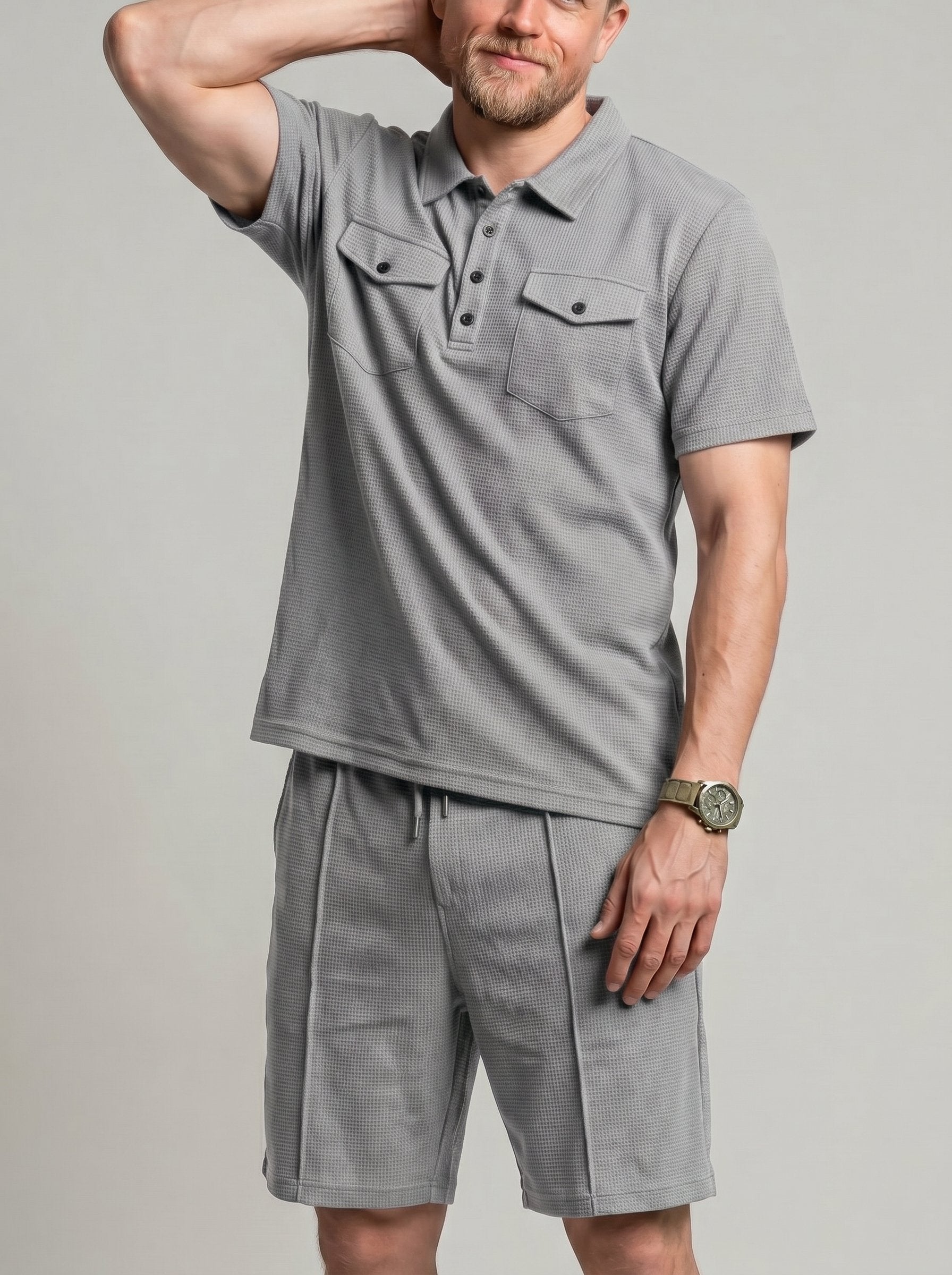 KZZ Men's Business-Casual Waffle-Knit Short-Sleeve Shirt and Shorts Set