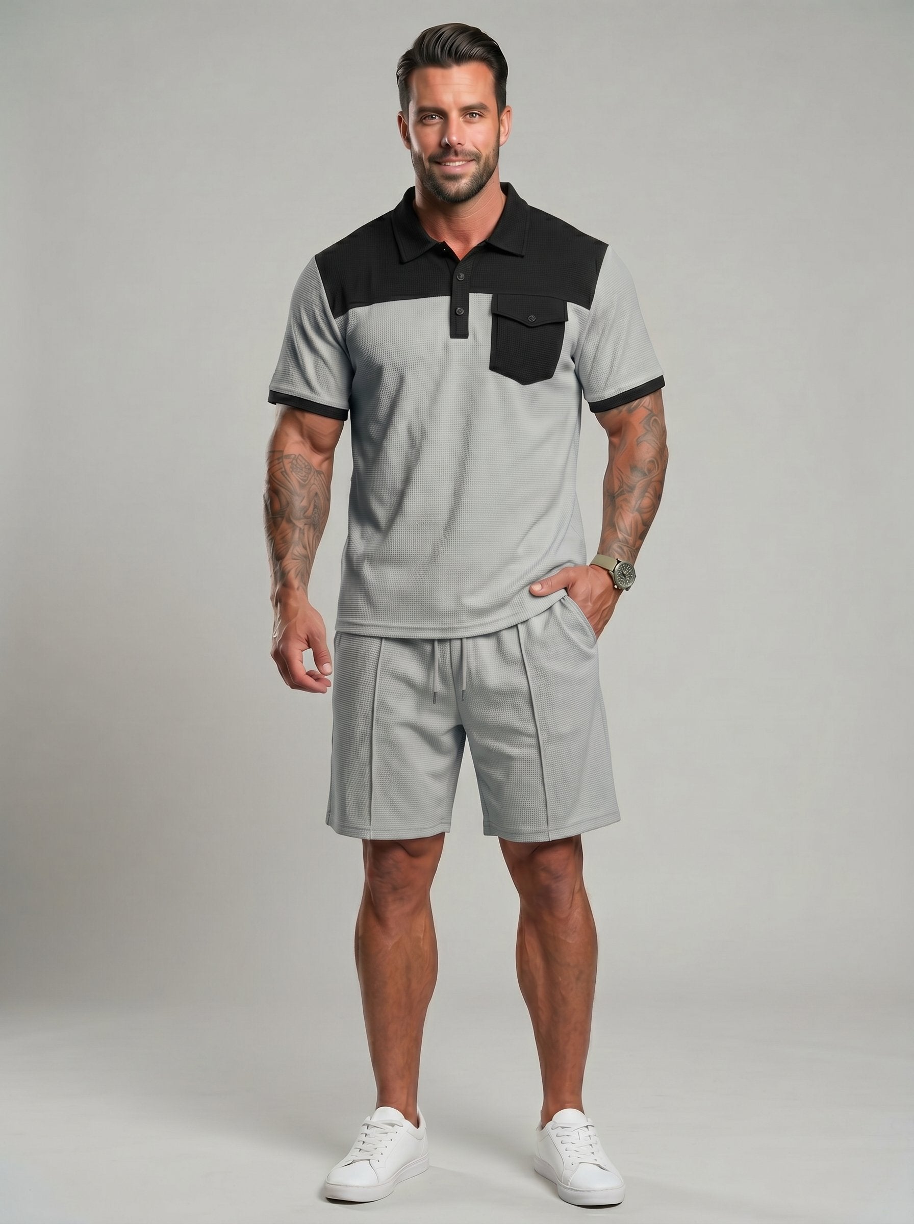 KZZ Men's Solid-Color Half-Zip Polo Shirt & Shorts Two-Piece Set