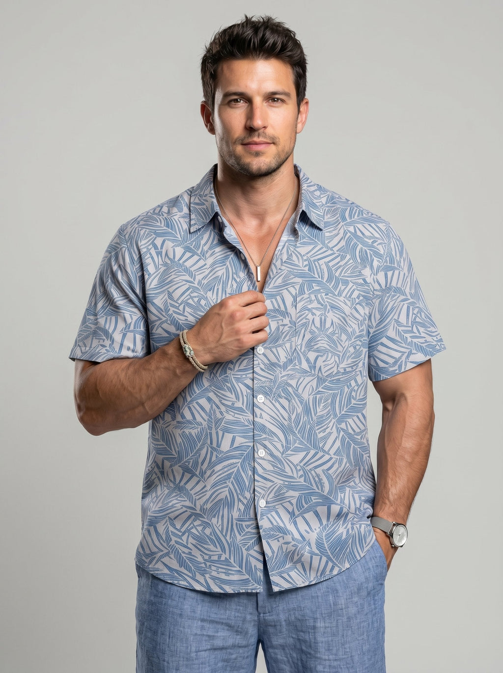 KZZ Men's Cotton-Linen Tropical Beach Shirt