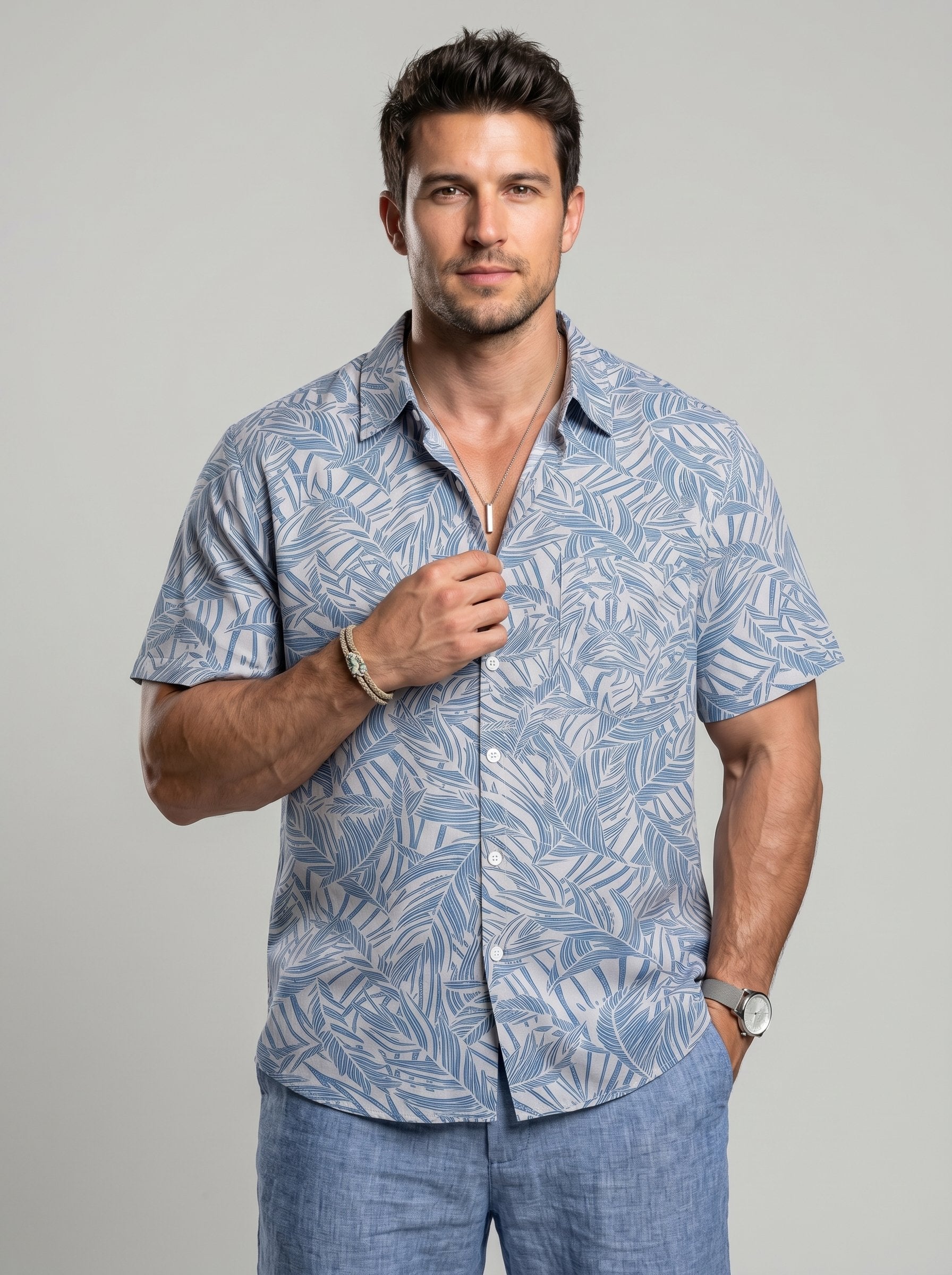 KZZ Men's Cotton-Linen Tropical Beach Shirt