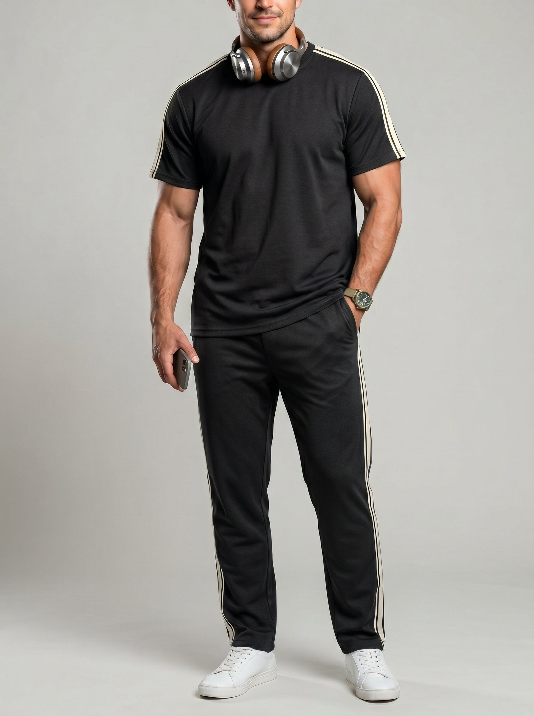 KZZ Men's Solid-Color T-Shirt and Drawstring-Waist Trousers Two-Piece Set