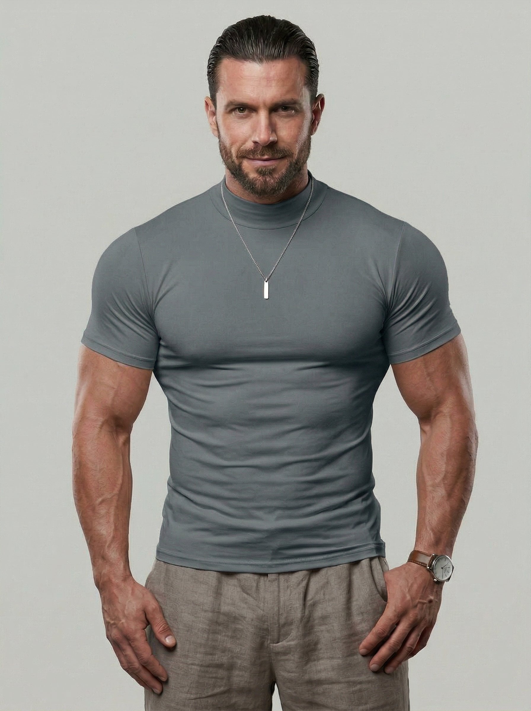 KZZ  Solid Color High Neck Tight-Fitting Short Sleeve T-Shirt