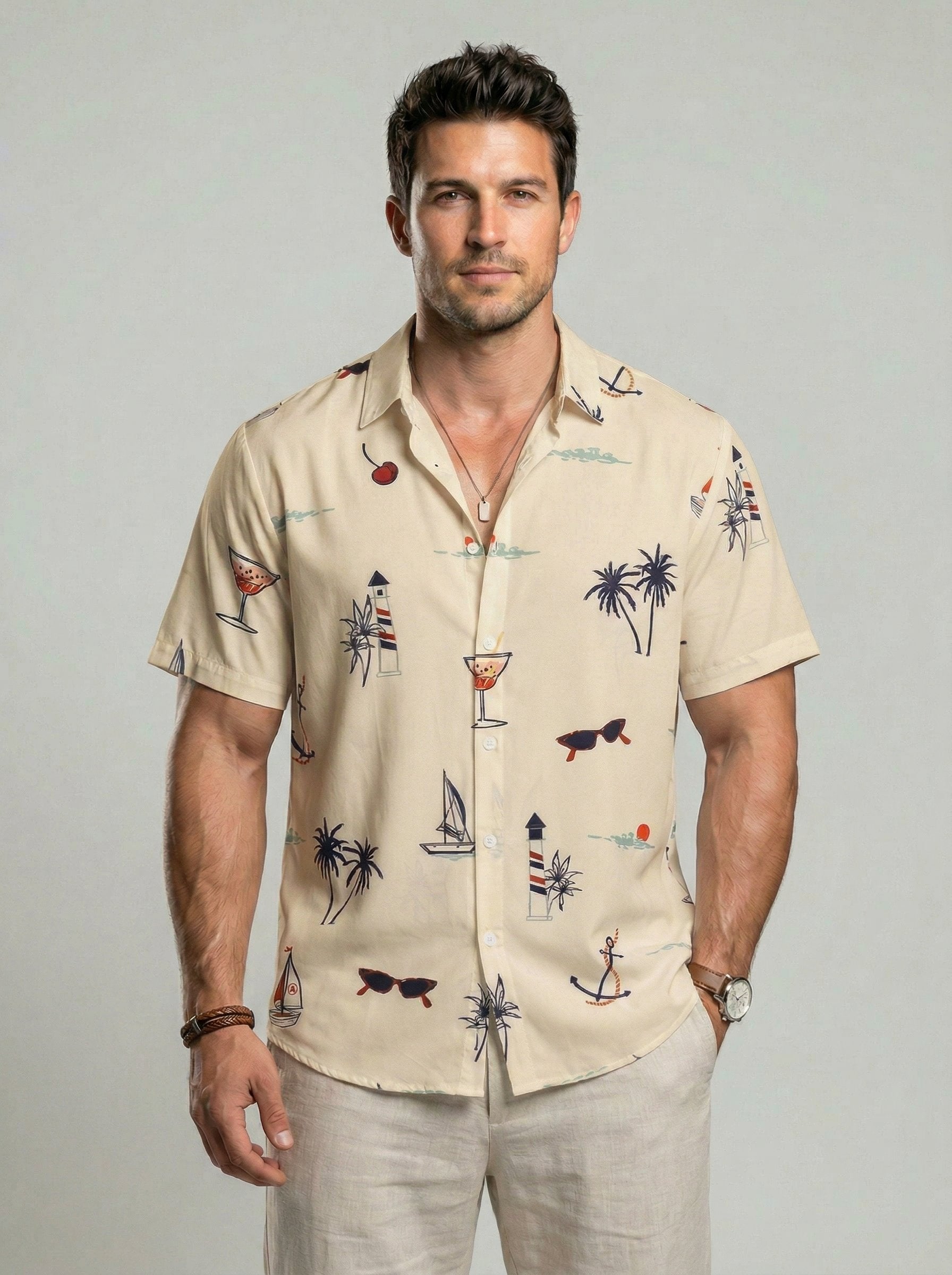 KZZ Men's Tropical Print Short Sleeve Shirt