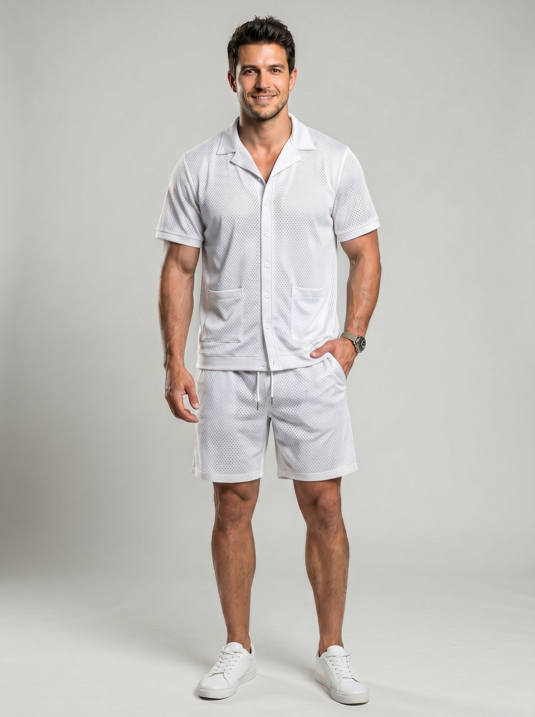 KZZ Men's Solid Color Hollow-Out Short-Sleeve Shirt and Shorts Set