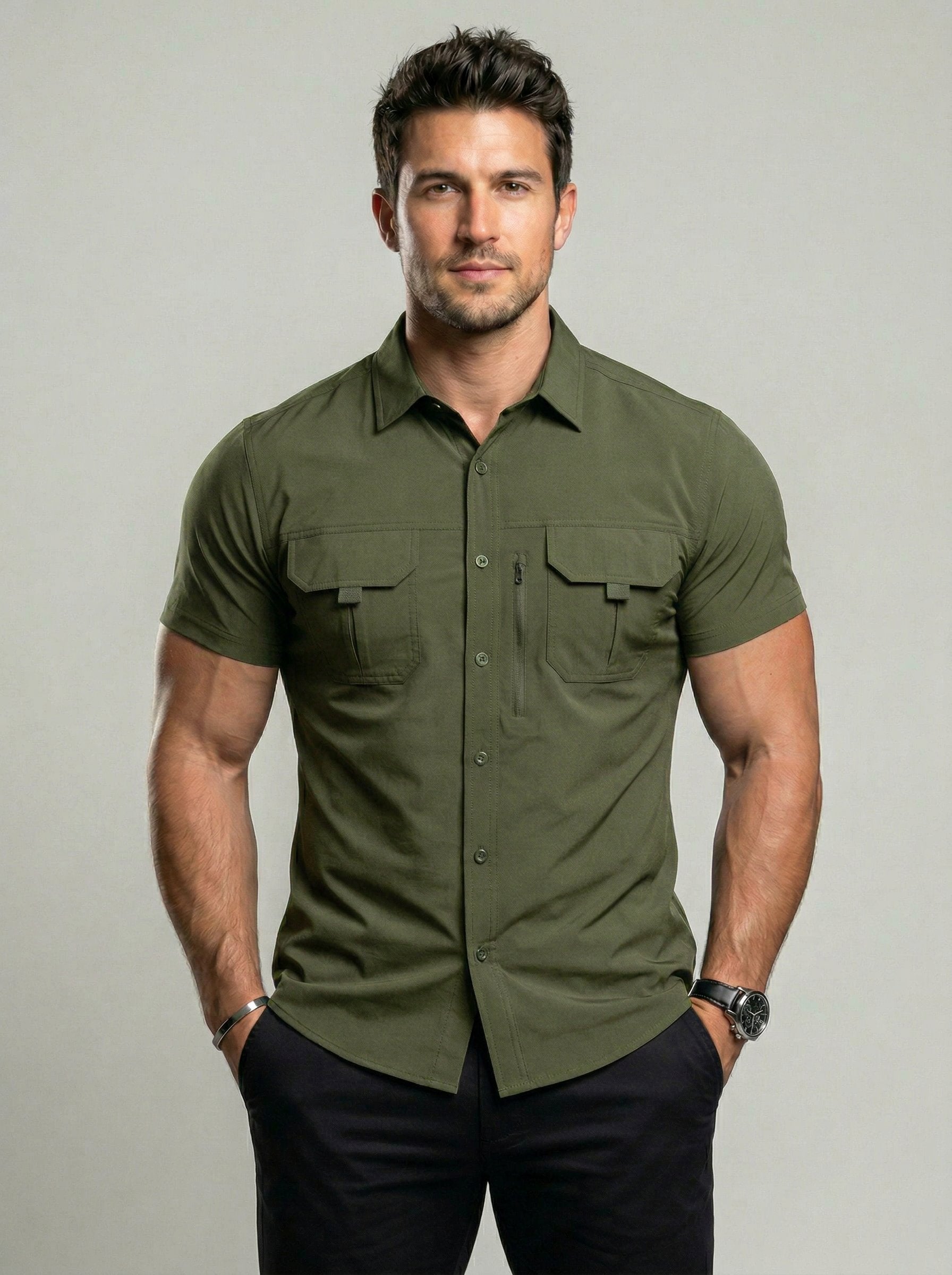 KZZ Men's American-Style Solid Color Shirt