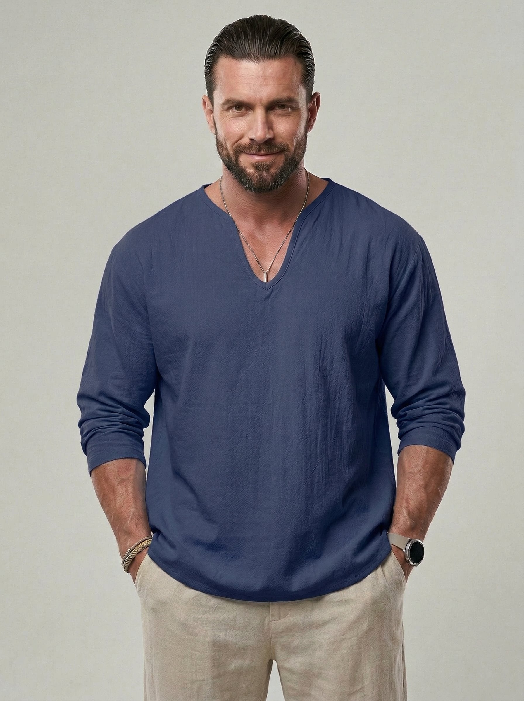 KZZ Men's V Neck Linen Shirt Casual Loose Fit Long Sleeve Top
