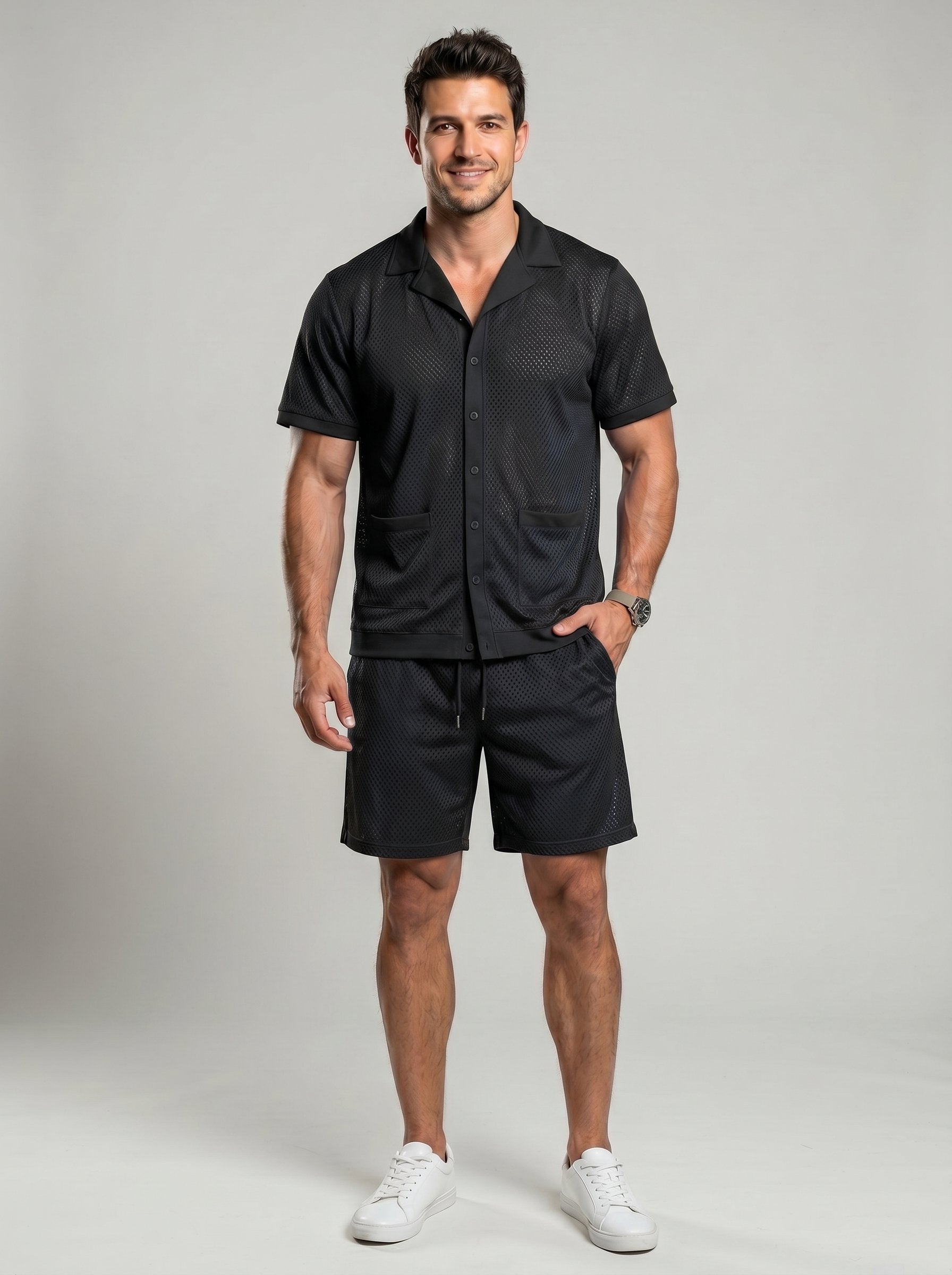 KZZ Men's Solid Color Hollow-Out Short-Sleeve Shirt and Shorts Set