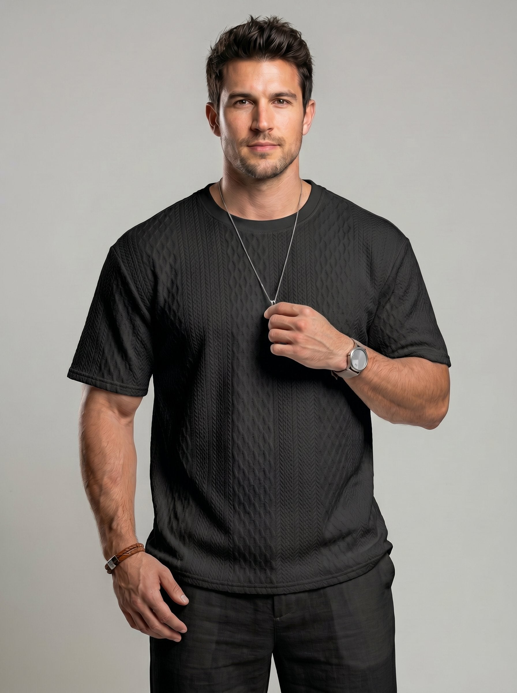 KZZ Men's Spring/Summer Solid-Color Short-Sleeve T-Shirt with Textured Fabric
