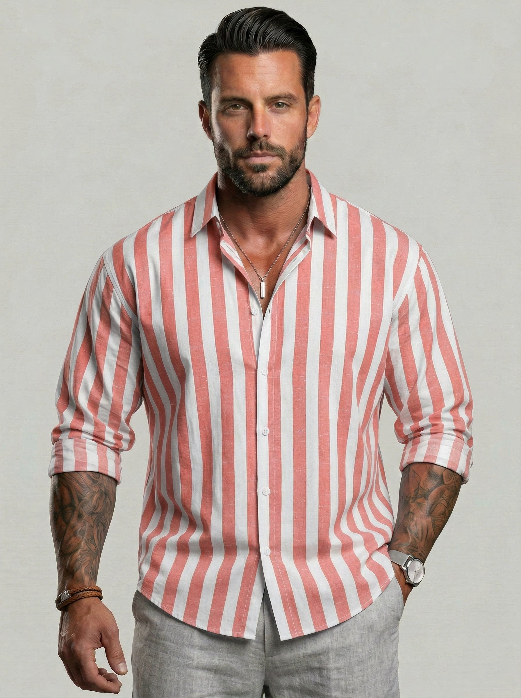 KZZ Men's Striped Print Long Sleeve Dress Shirt