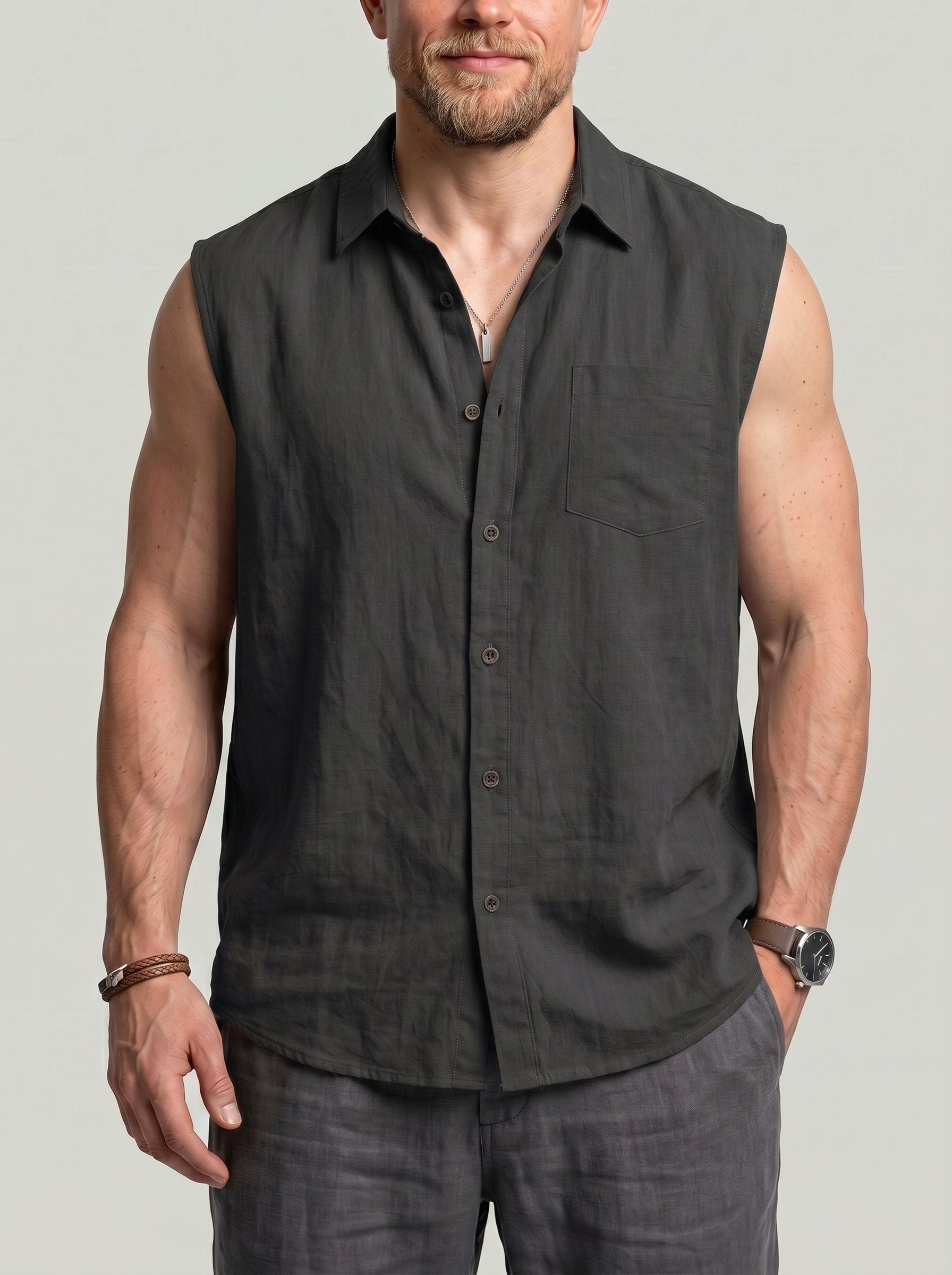 KZZ Men's Solid-Color Loose-Fit Linen Sleeveless Vest