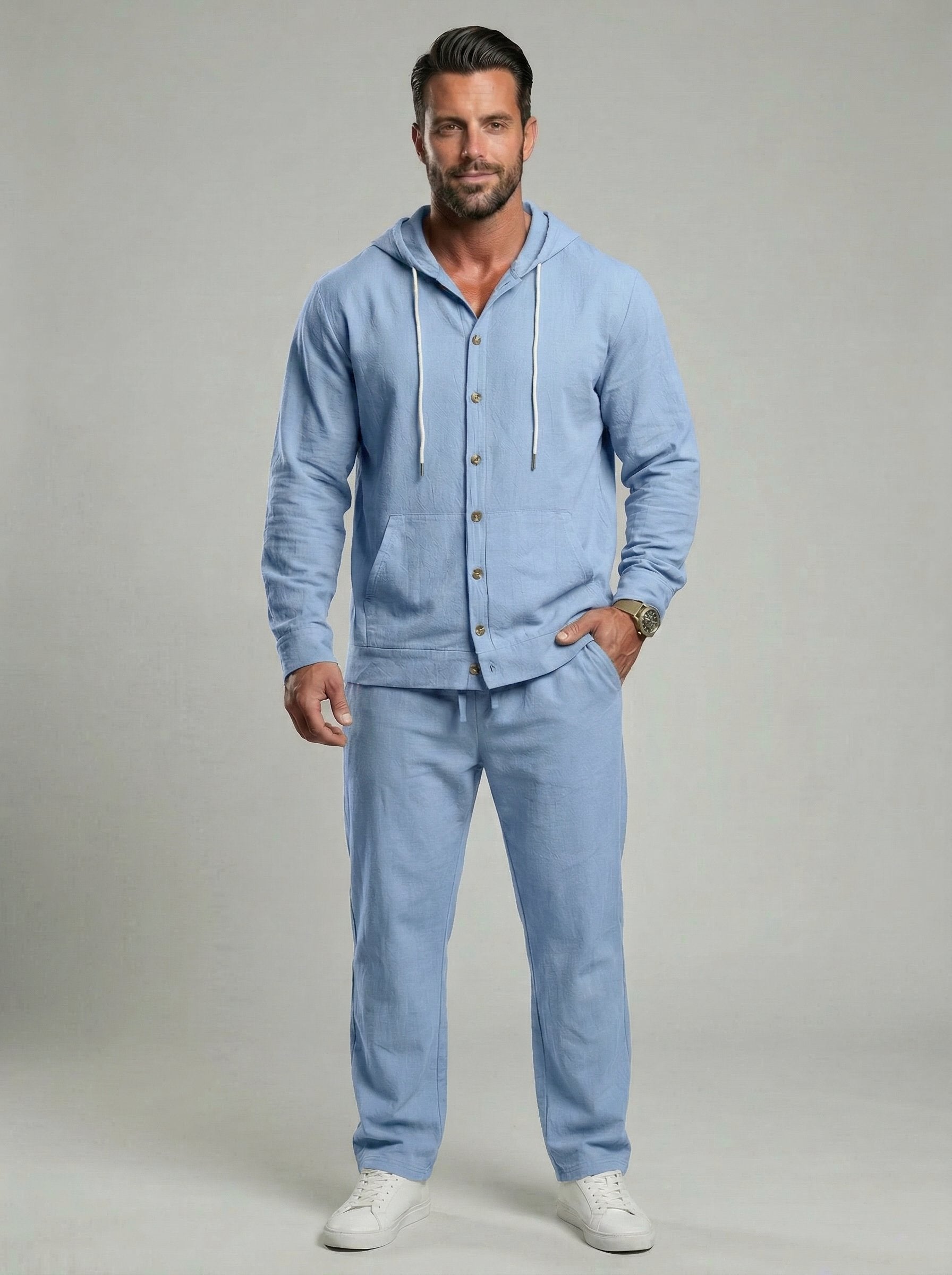 KZZ Men's Solid Button Down Shirt & Pants Linen Set