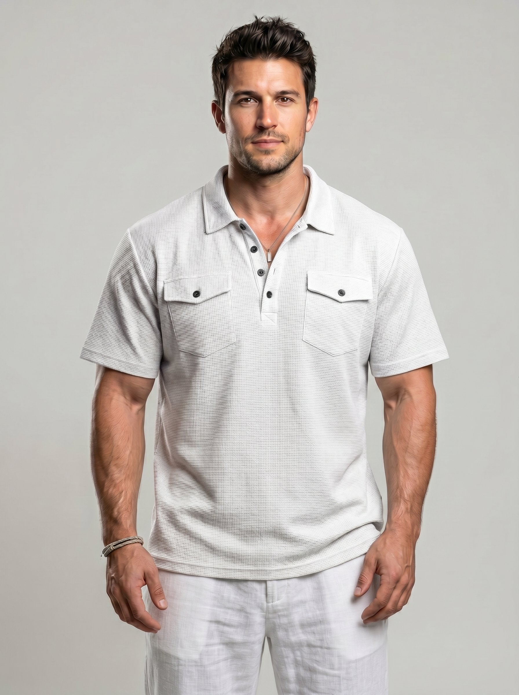 KZZ Men's Business-Casual Athletic-Style Waffle-Knit Solid-Color Short-Sleeve Polo Shirt