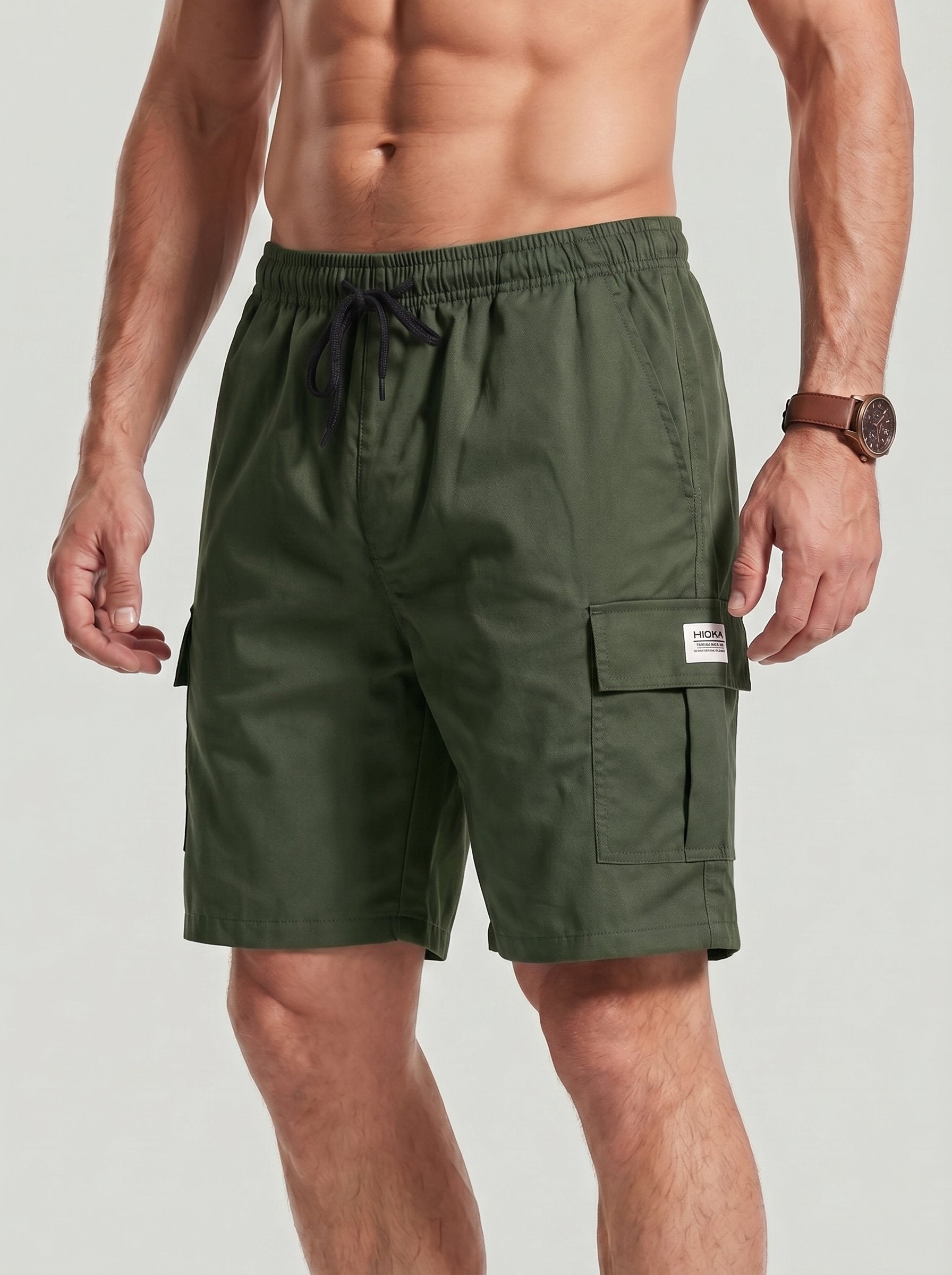 KZZ Men's Casual Solid-Color Cargo Shorts