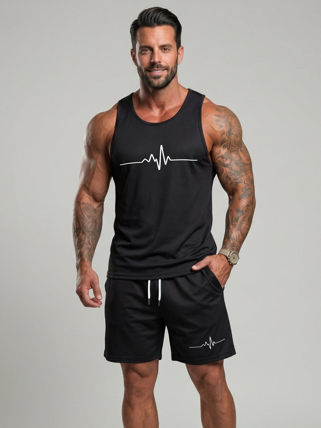 KZZ Men's Heartbeat Print Crew Neck Vest and Shorts