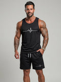 KZZ Men's Heartbeat Print Crew Neck Vest and Shorts