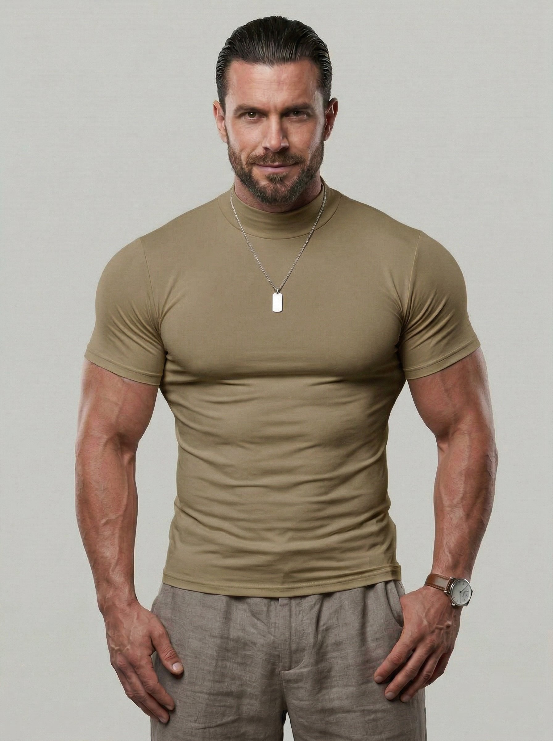 KZZ  Solid Color High Neck Tight-Fitting Short Sleeve T-Shirt