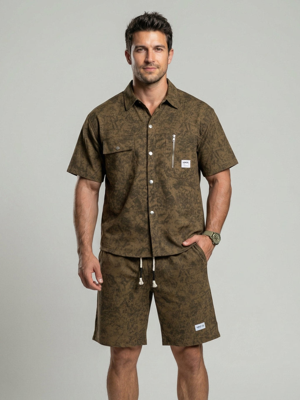 KZZ Men's American Retro Slim Fit Tie-Dye Workwear Short-Sleeve Set