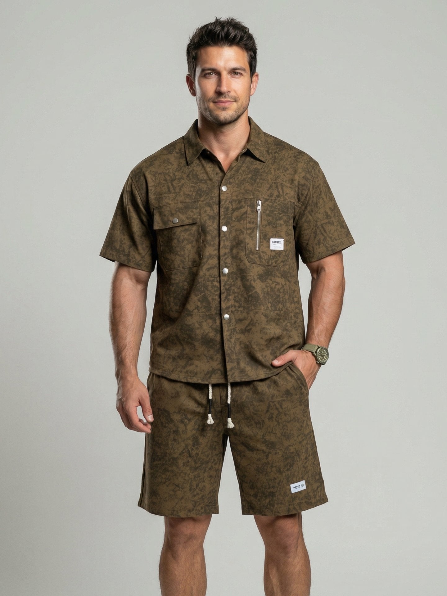 KZZ Men's American Retro Slim Fit Tie-Dye Workwear Short-Sleeve Set