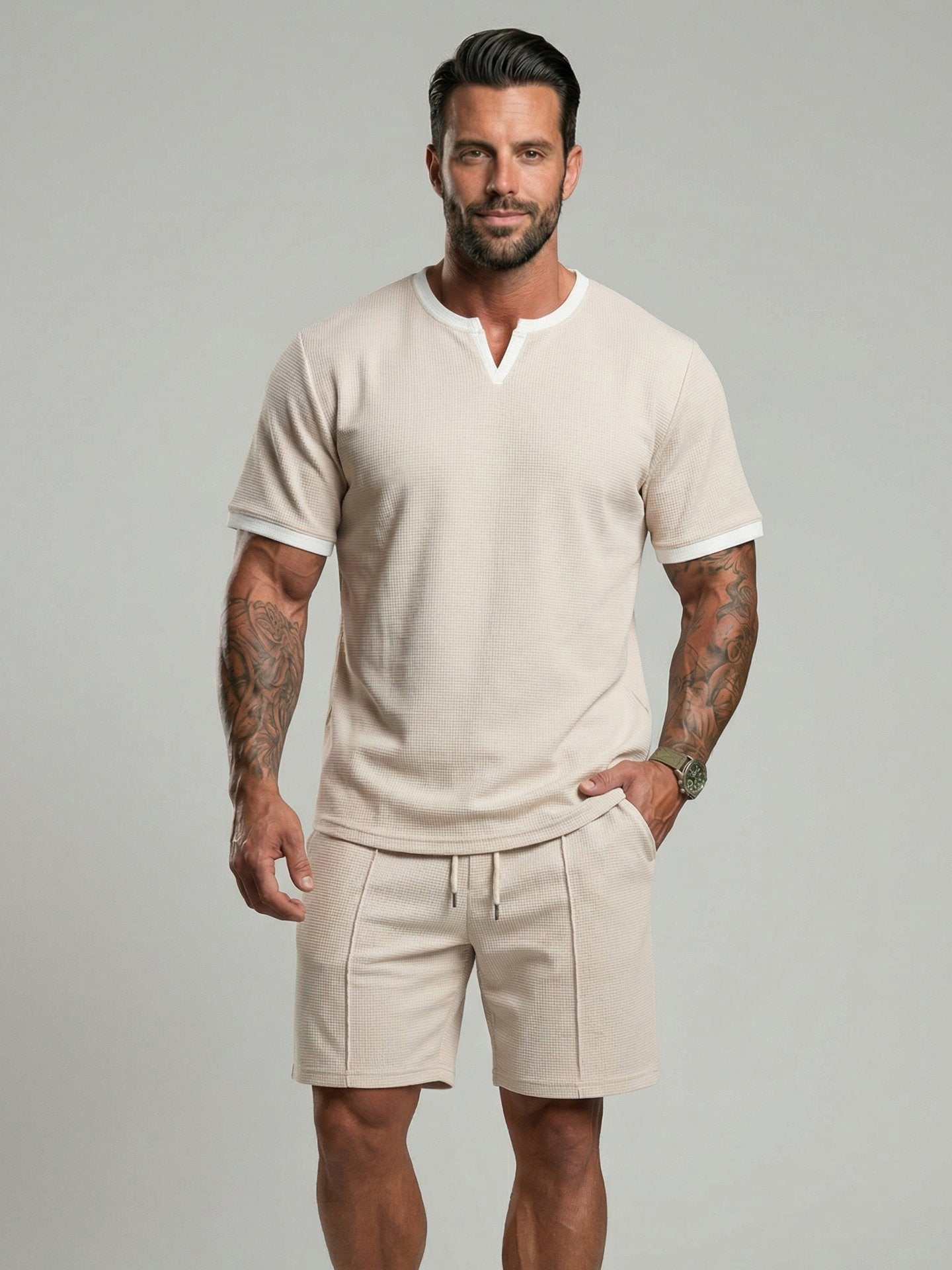 KZZ Men's Business Casual Sport Solid Color V-Neck Short Sleeve Shorts Set