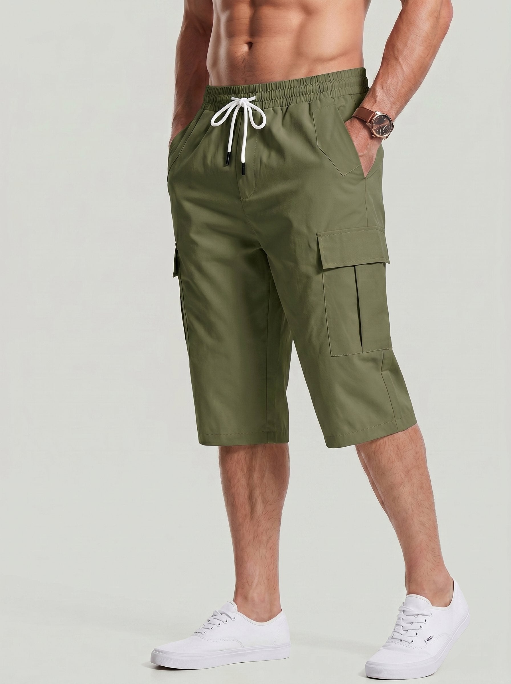 KZZ Men's Solid-Color Cargo Shorts with Flap Pockets