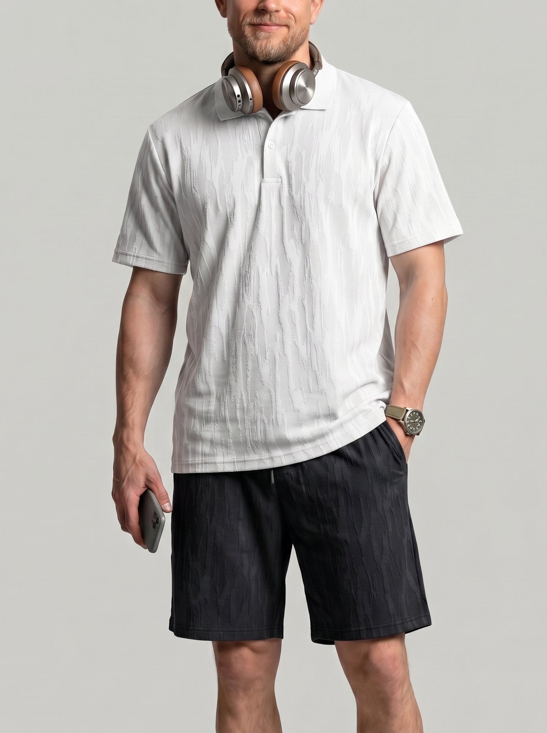 KZZ Men's Solid-Color Polo Shirt and Drawstring-Waist Shorts