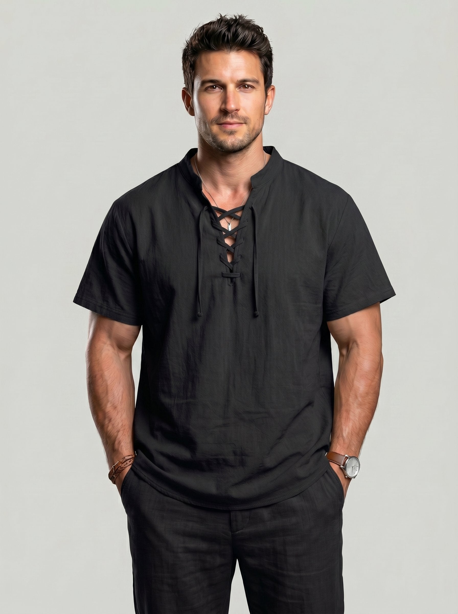 KZZ Men's summer linen stand-up collar short-sleeved shirt