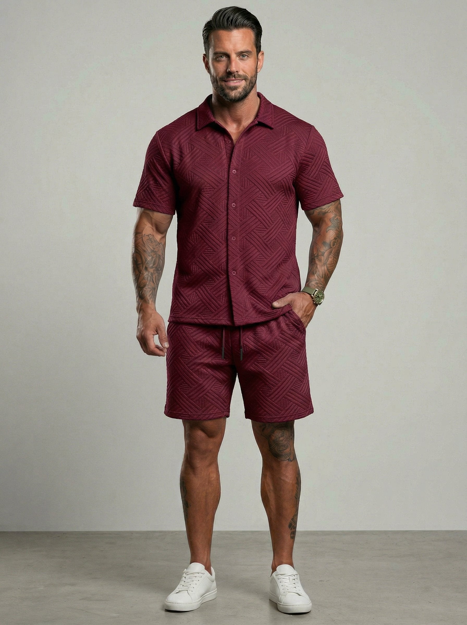 KZZ Short-sleeve button-down shirt and drawstring shorts