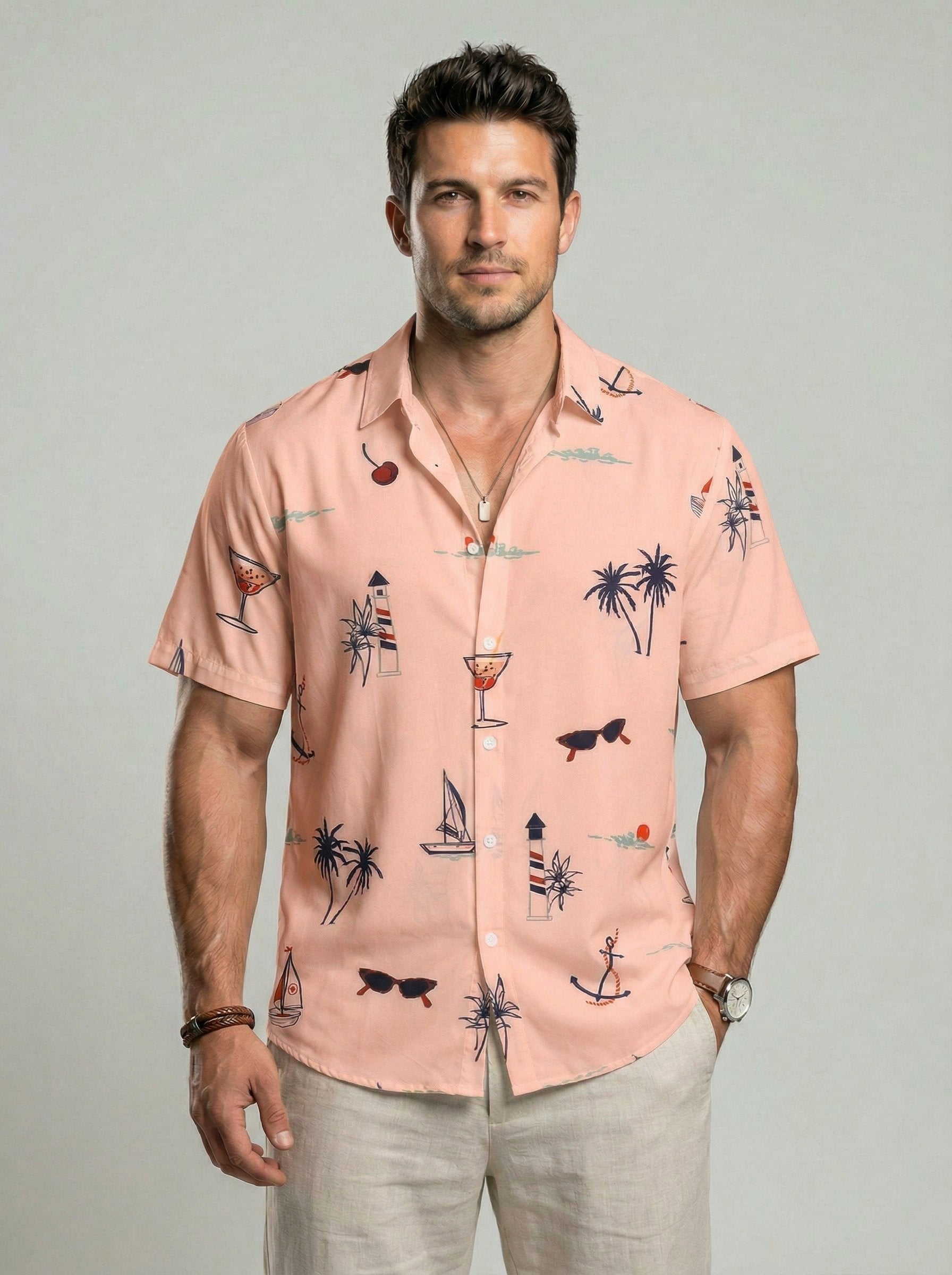 KZZ Men's Tropical Print Short Sleeve Shirt