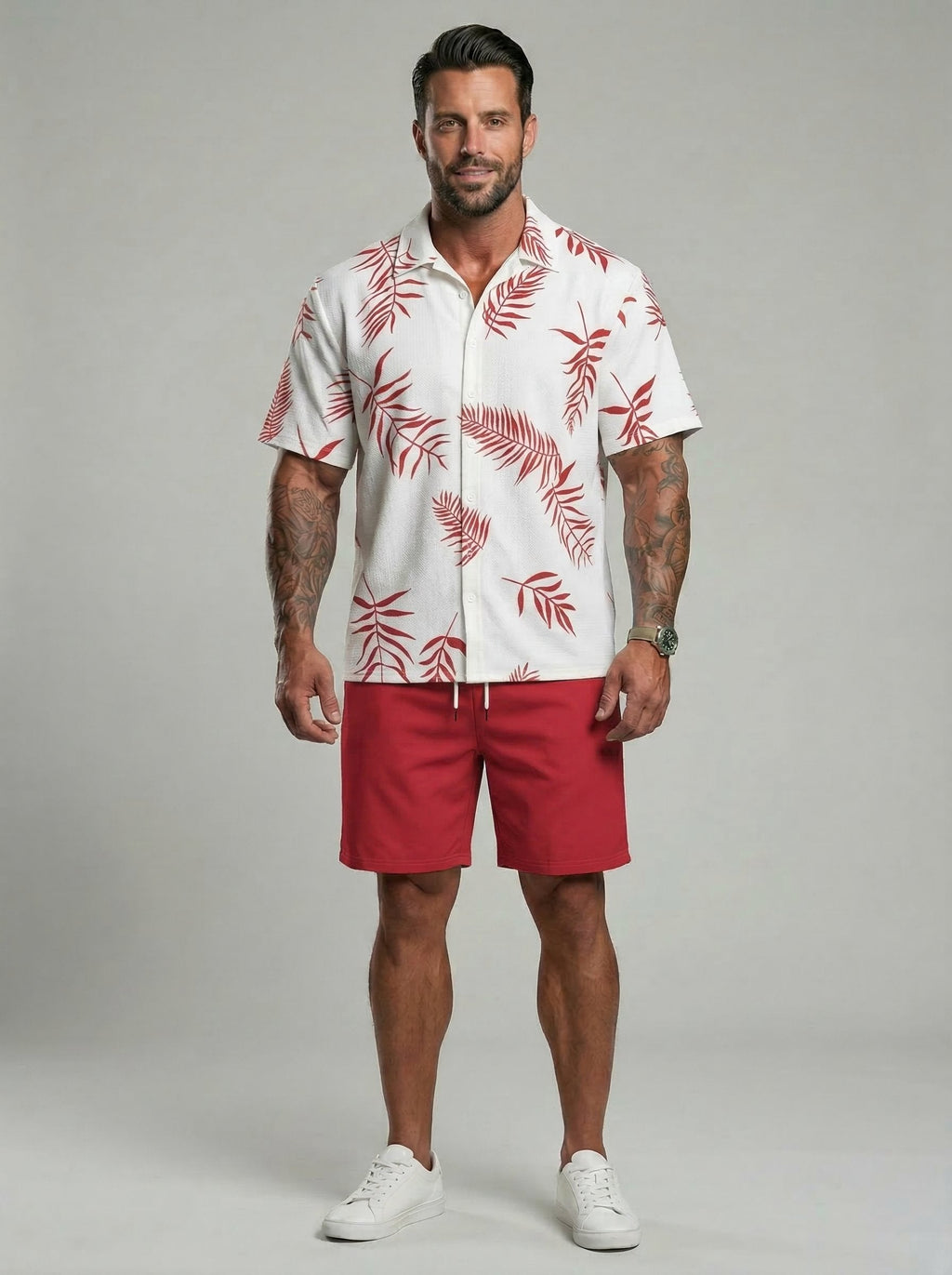 KZZ Men's Leaf Print Drawstring Waist Loose Shorts Set
