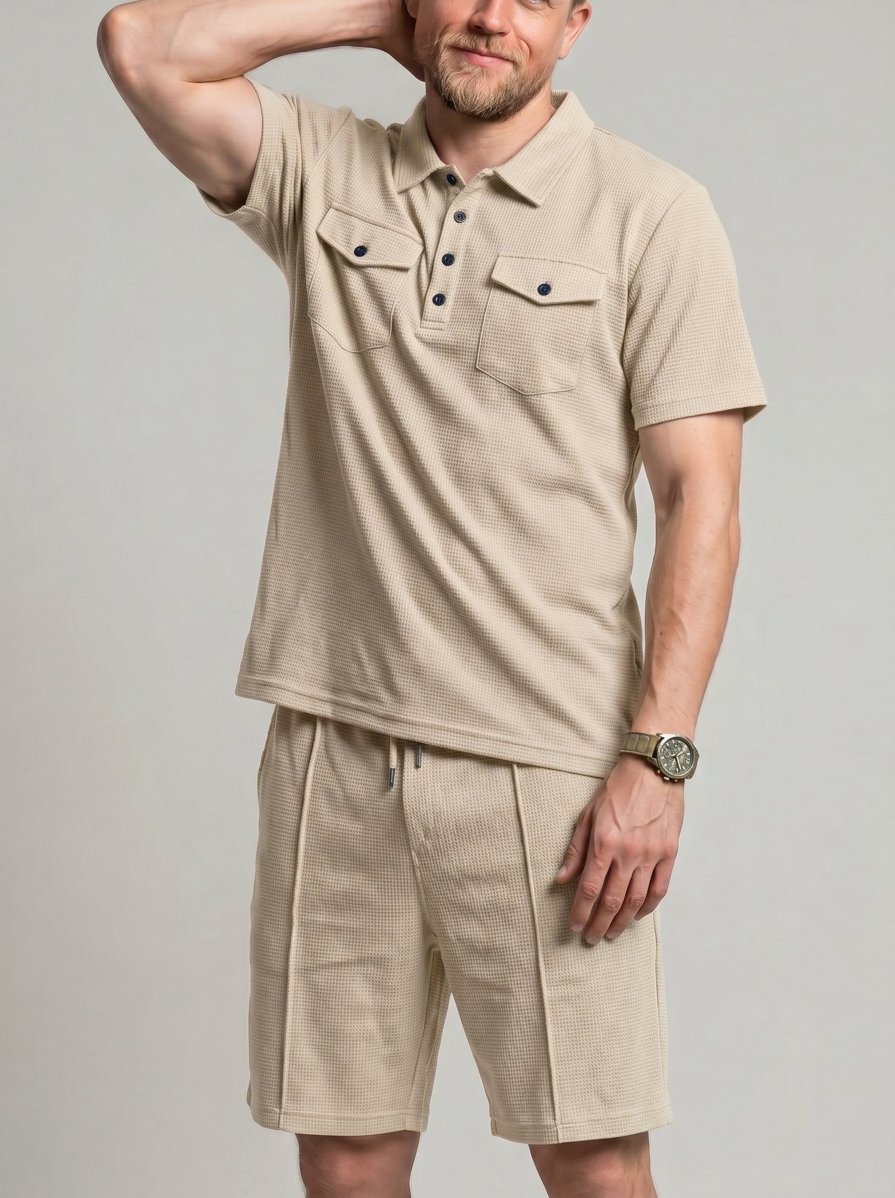 KZZ Men's Business-Casual Waffle-Knit Short-Sleeve Shirt and Shorts Set