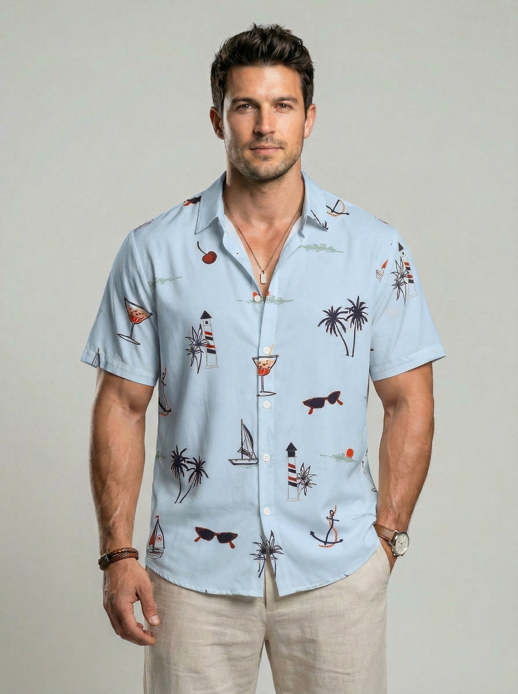 KZZ Men's Tropical Print Short Sleeve Shirt