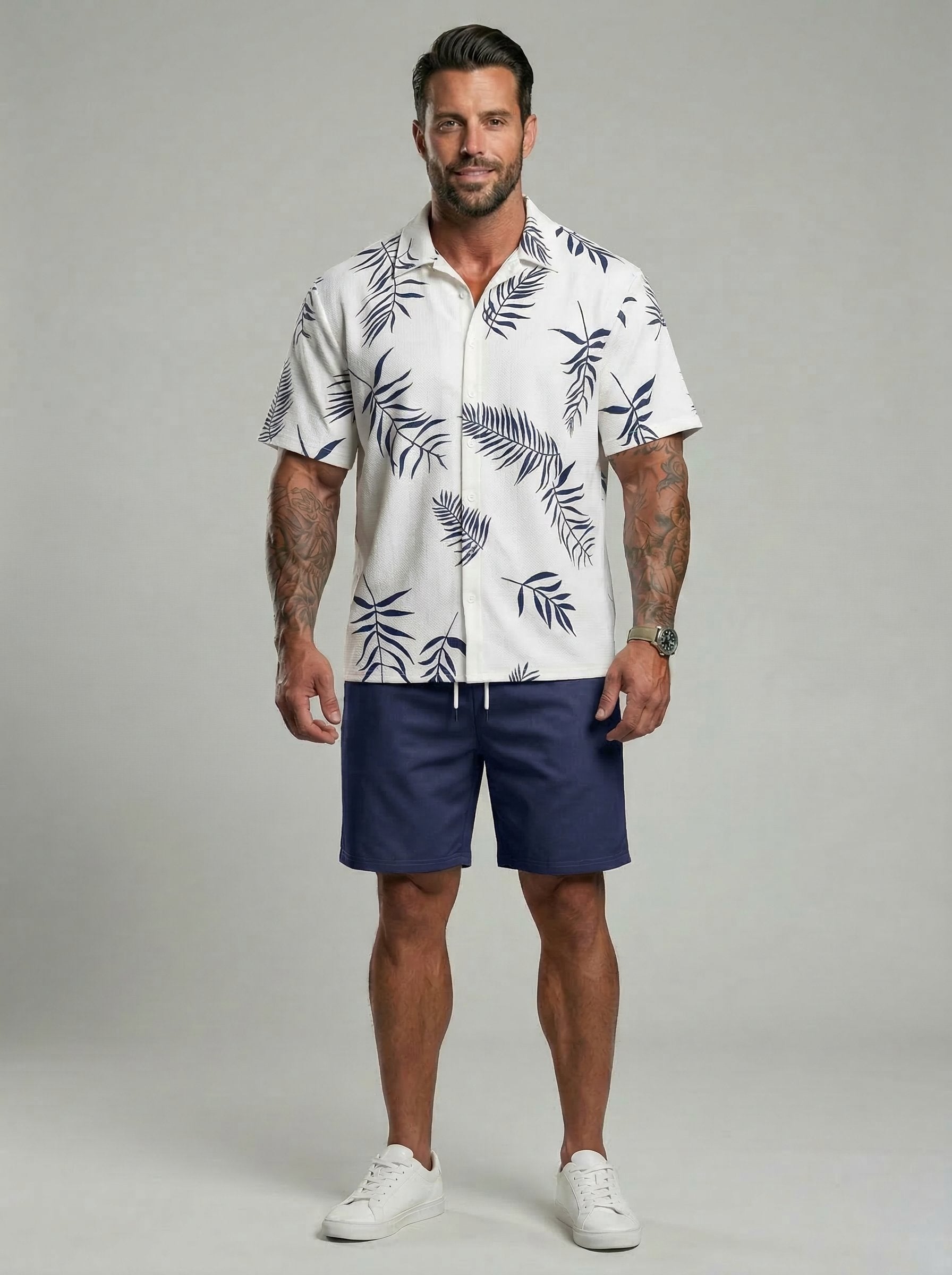 KZZ Men's Leaf Print Drawstring Waist Loose Shorts Set