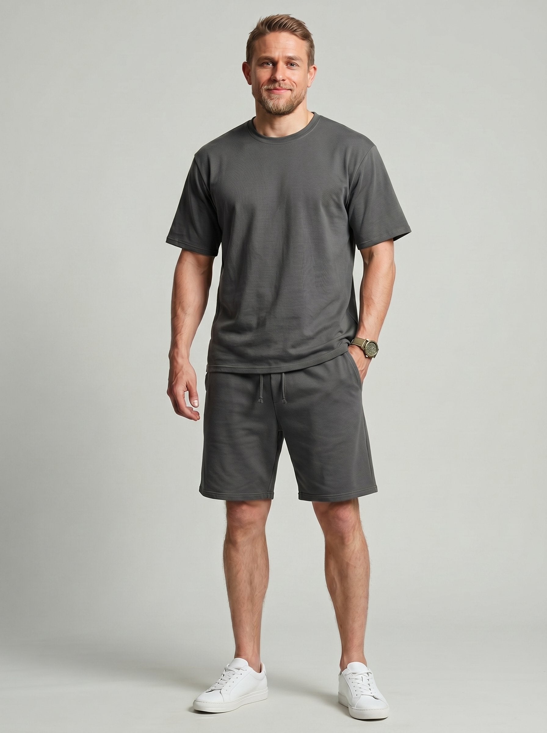 KZZ Solid-Color Crew-Neck T-Shirt and Shorts