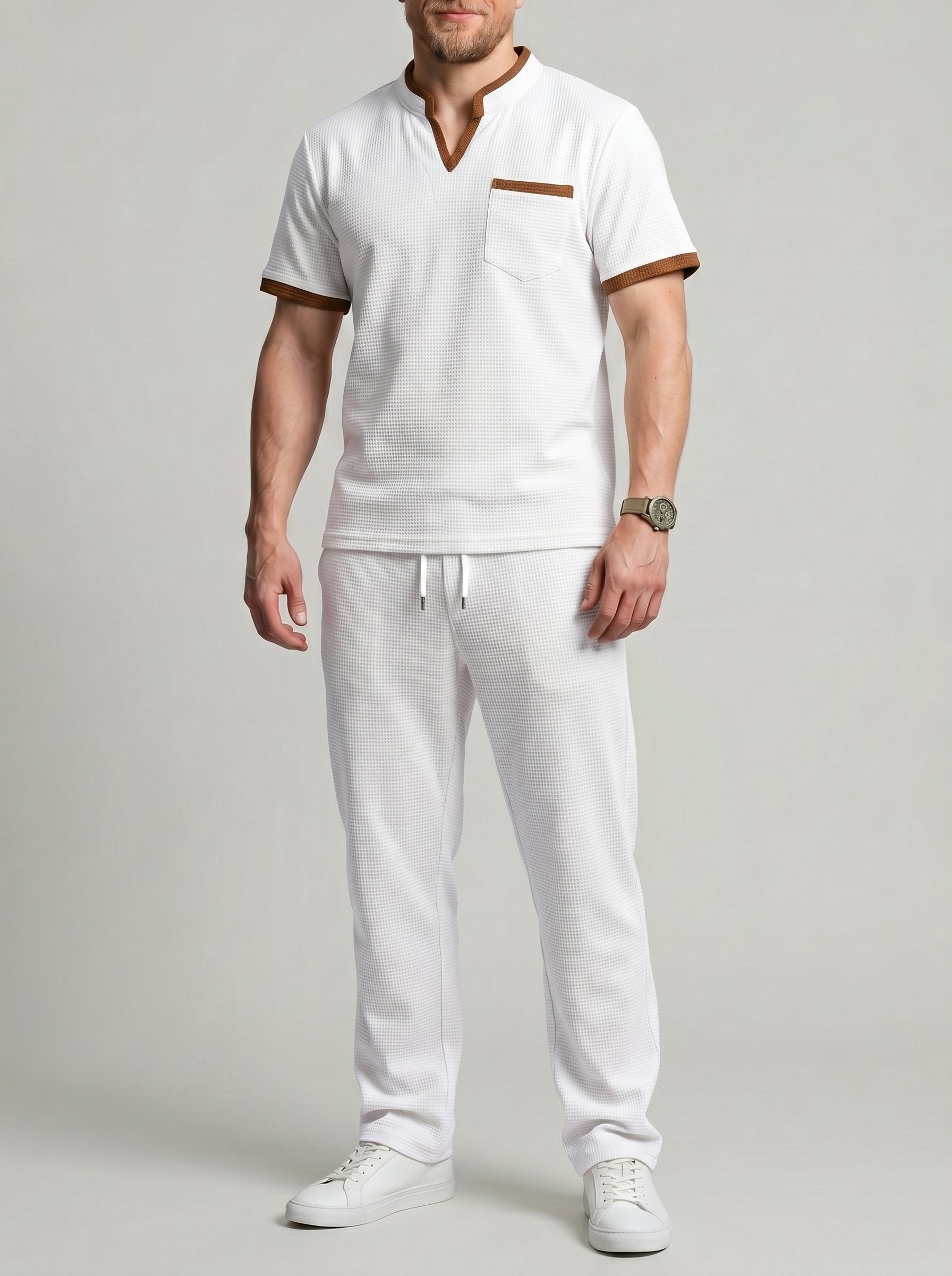KZZ Men's Casual Athletic Color-Block Waffle-Knit Set