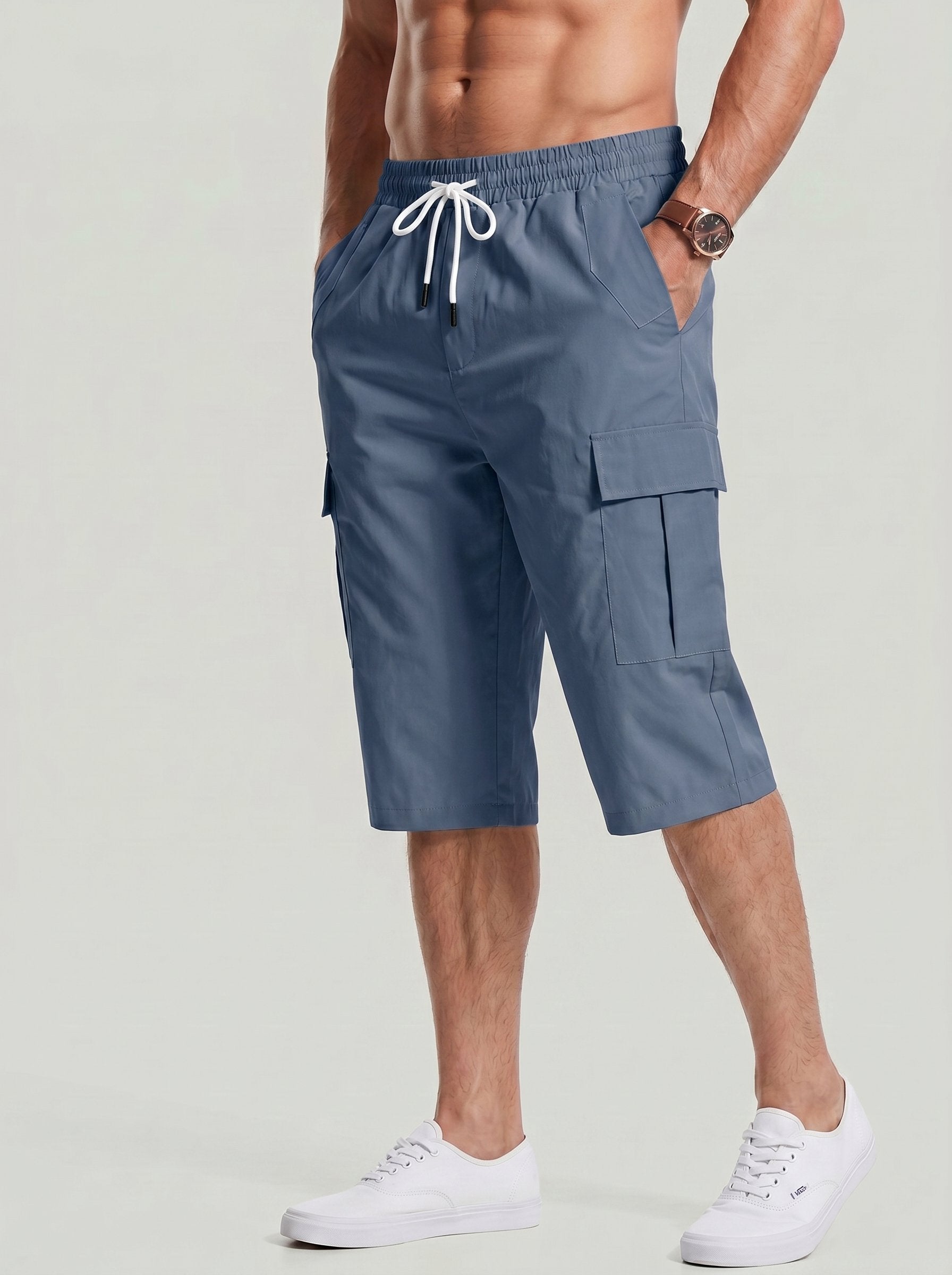 KZZ Men's Solid-Color Cargo Shorts with Flap Pockets