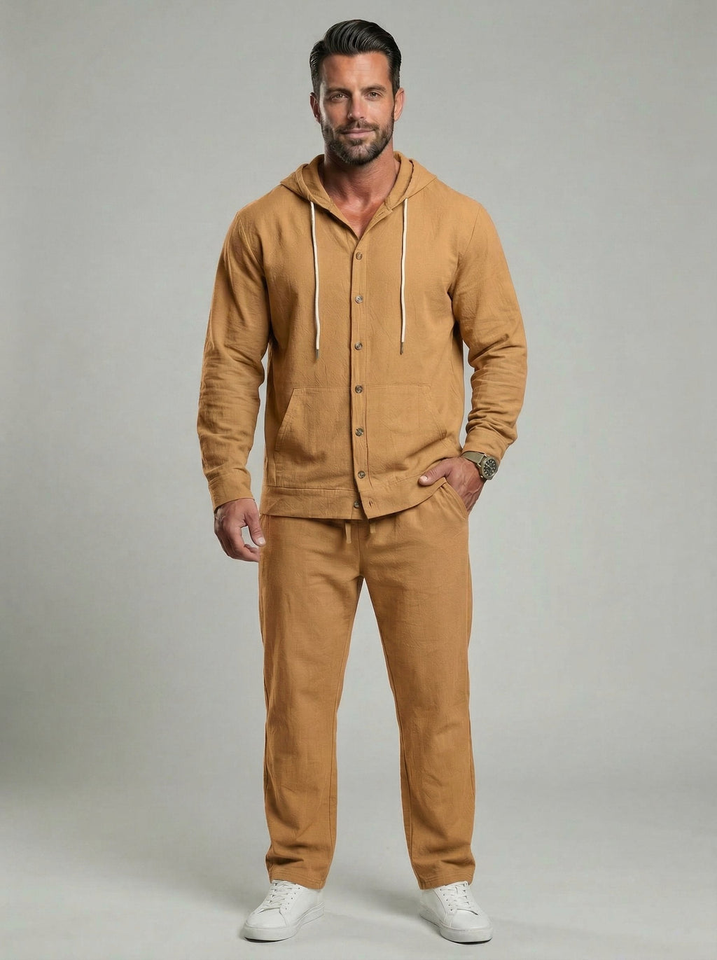 KZZ Men's Solid Button Down Shirt & Pants Linen Set