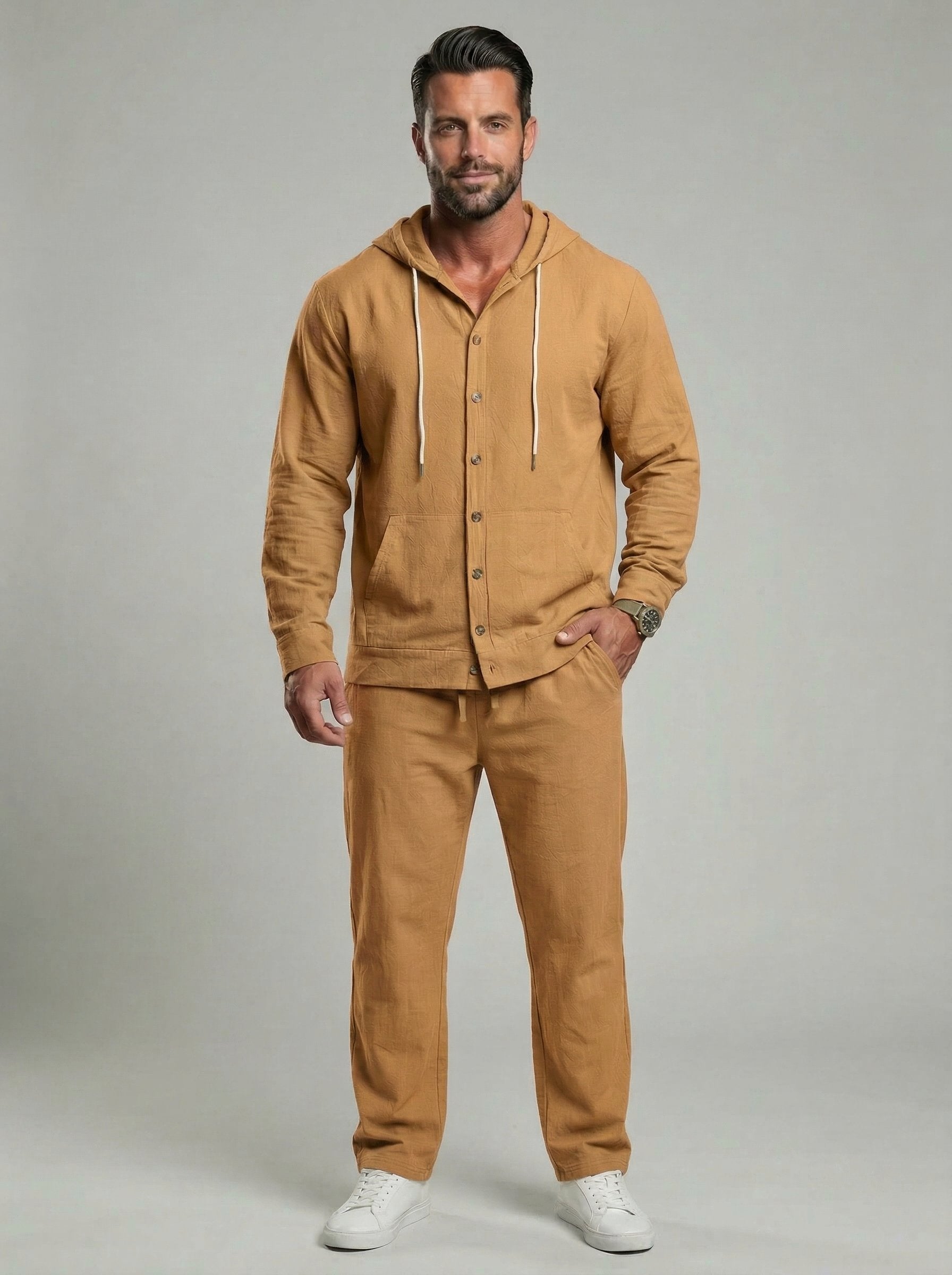 KZZ Men's Solid Button Down Shirt & Pants Linen Set