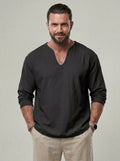 KZZ Men's V Neck Linen Shirt Casual Loose Fit Long Sleeve Top
