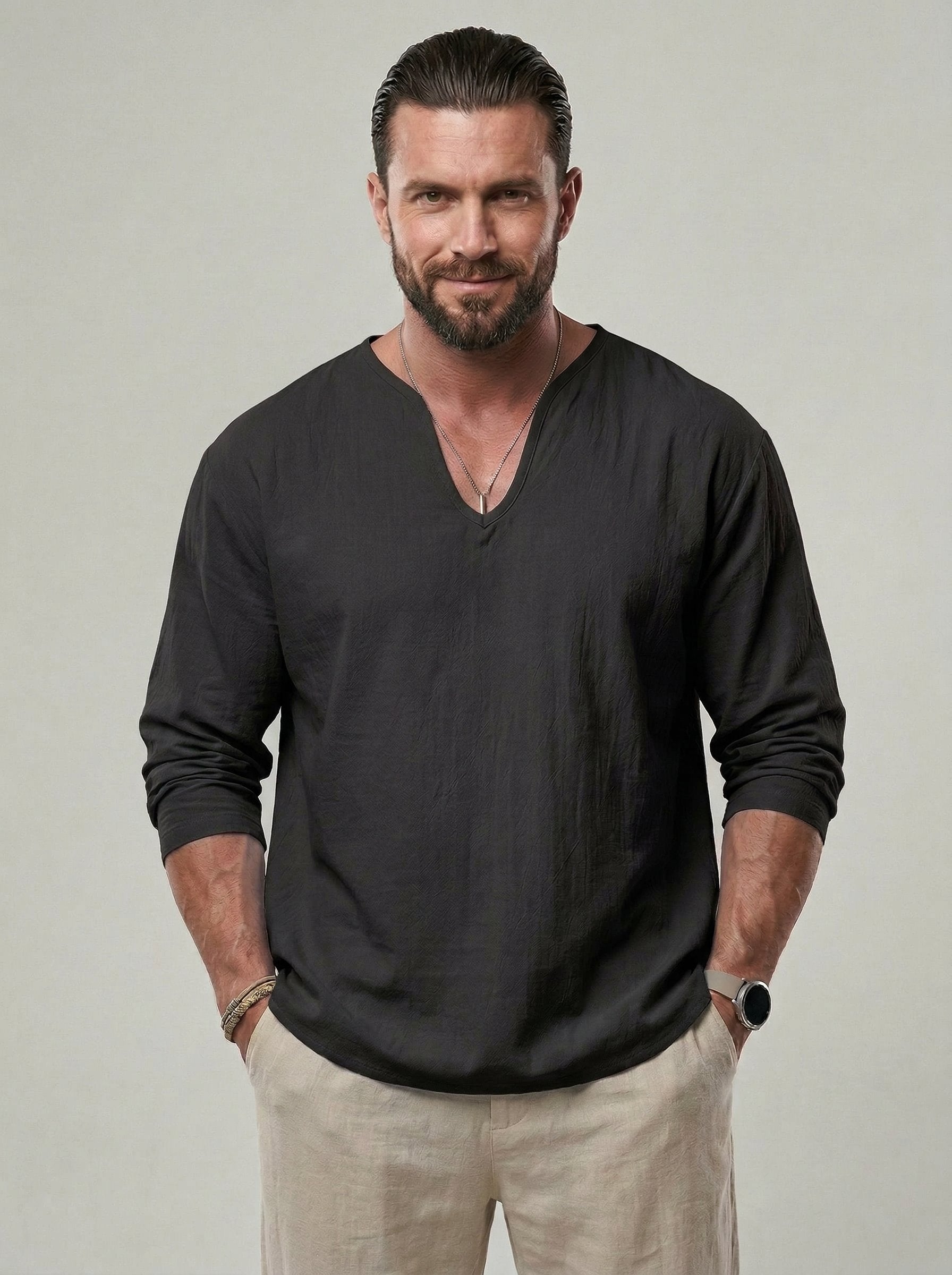 KZZ Men's V Neck Linen Shirt Casual Loose Fit Long Sleeve Top