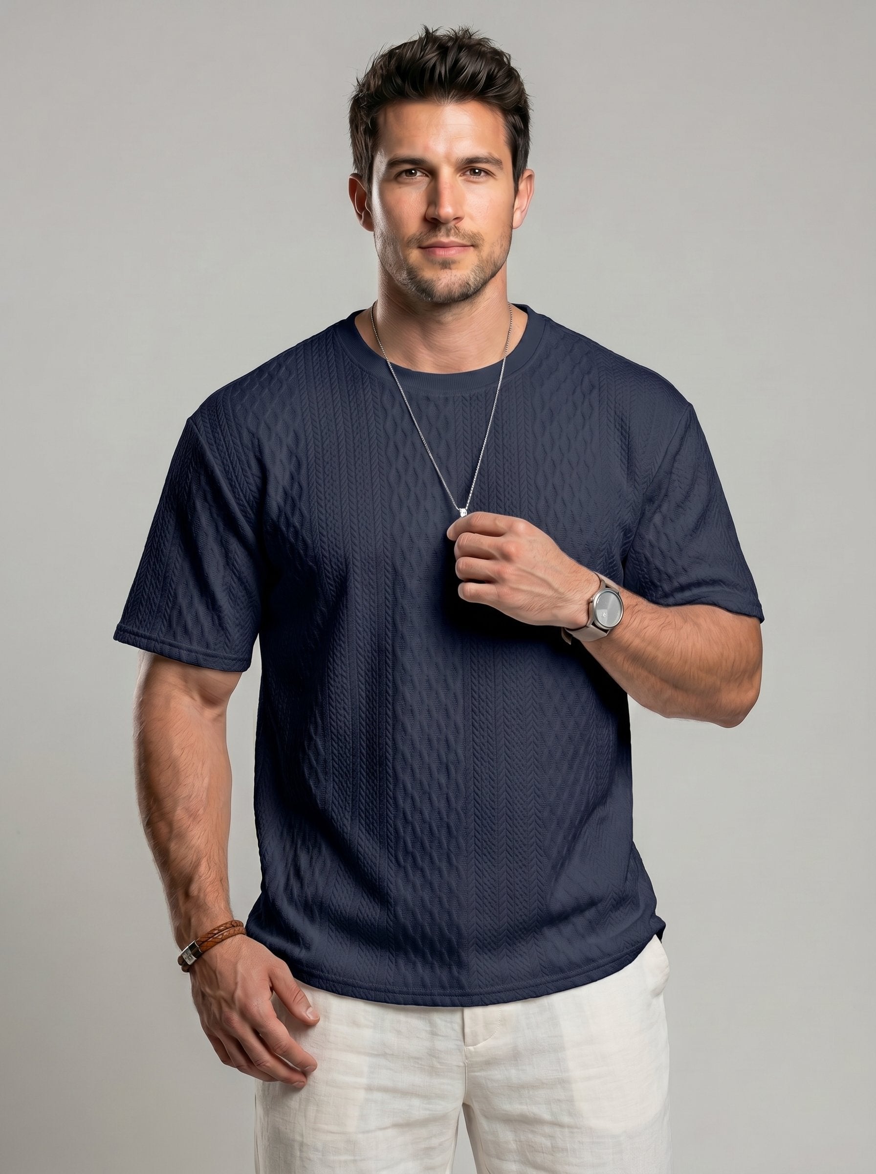 KZZ Men's Spring/Summer Solid-Color Short-Sleeve T-Shirt with Textured Fabric