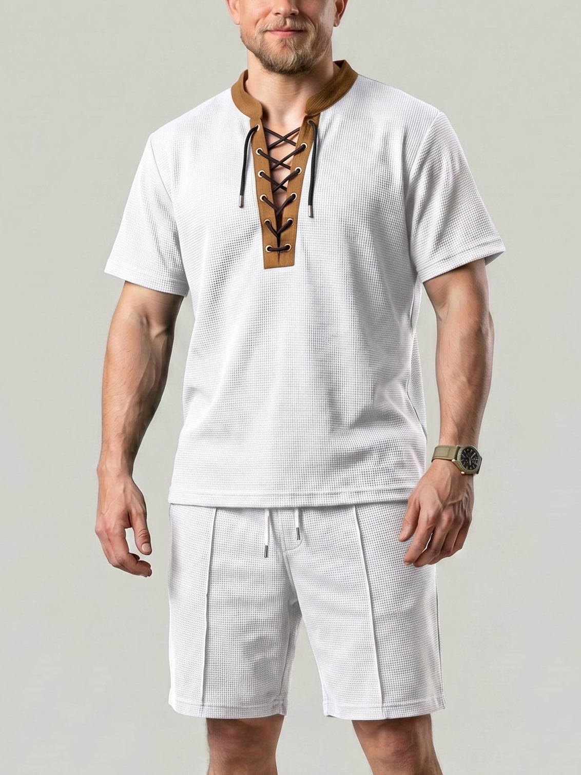 KZZ Men's Solid-Color Short-Sleeve Lace-Up Shirt and Shorts