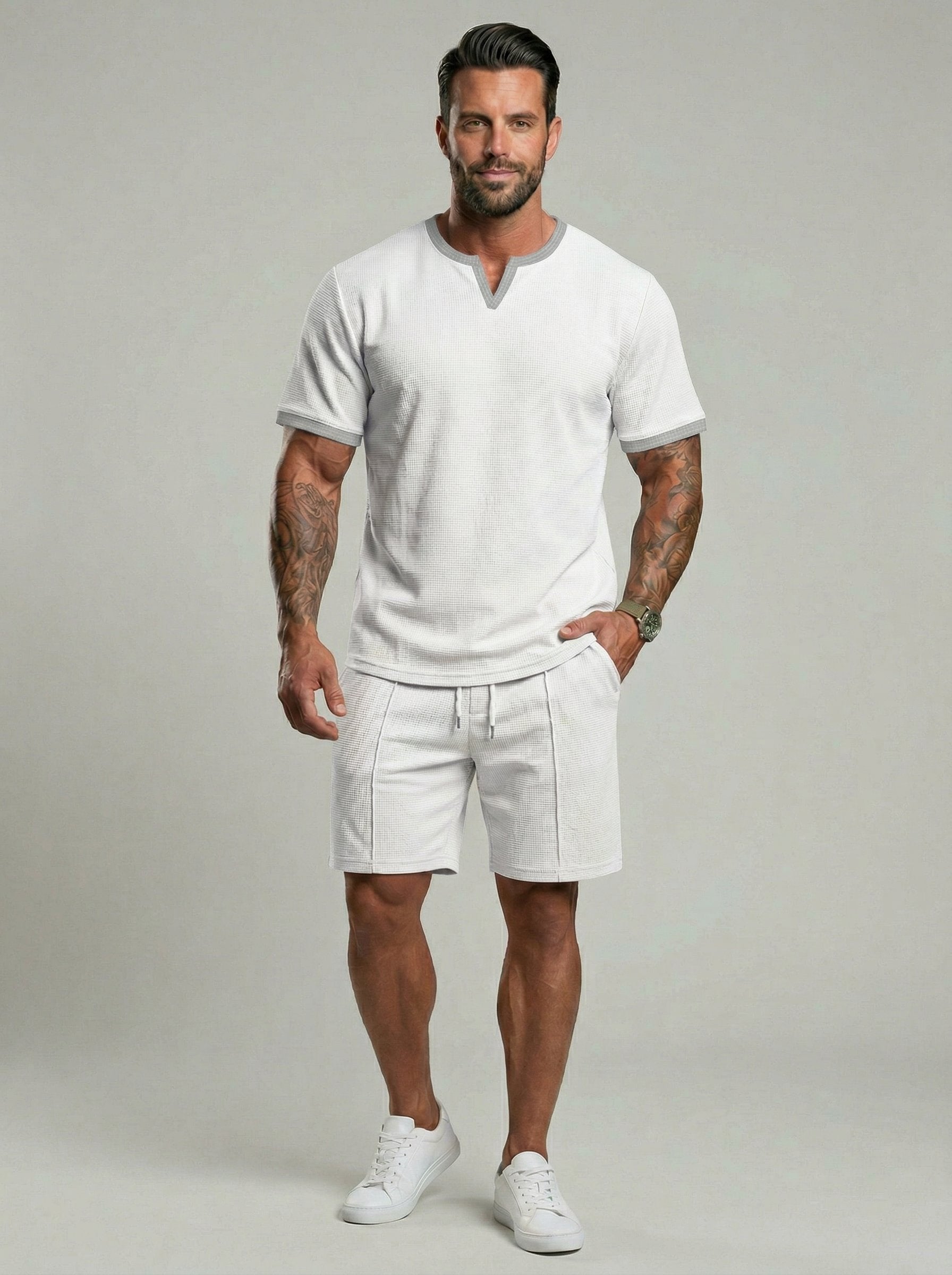 KZZ Men's Business Casual Sport Solid Color V-Neck Short Sleeve Shorts Set