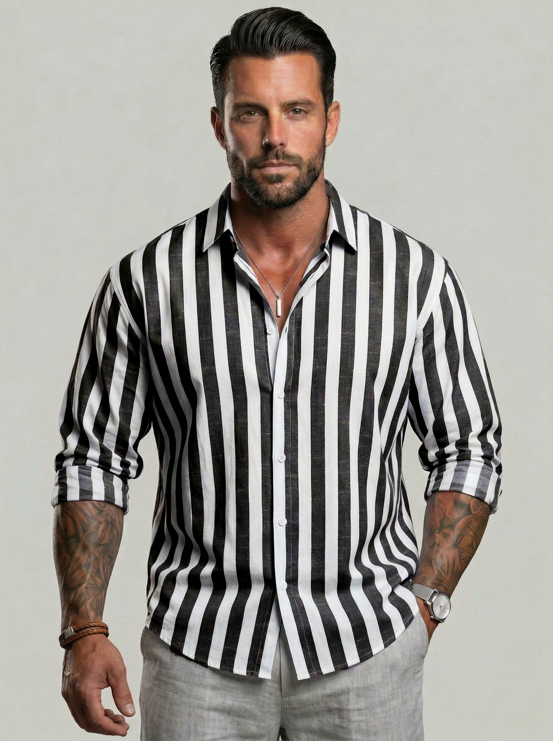 KZZ Men's Striped Print Long Sleeve Dress Shirt
