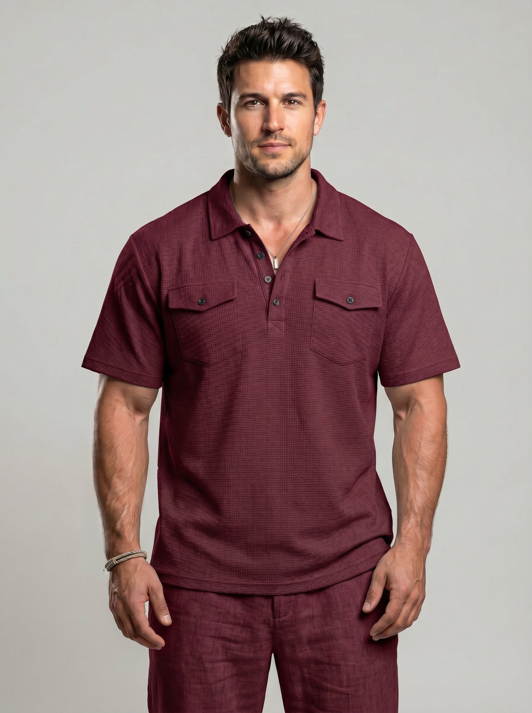 KZZ Men's Business-Casual Athletic-Style Waffle-Knit Solid-Color Short-Sleeve Polo Shirt