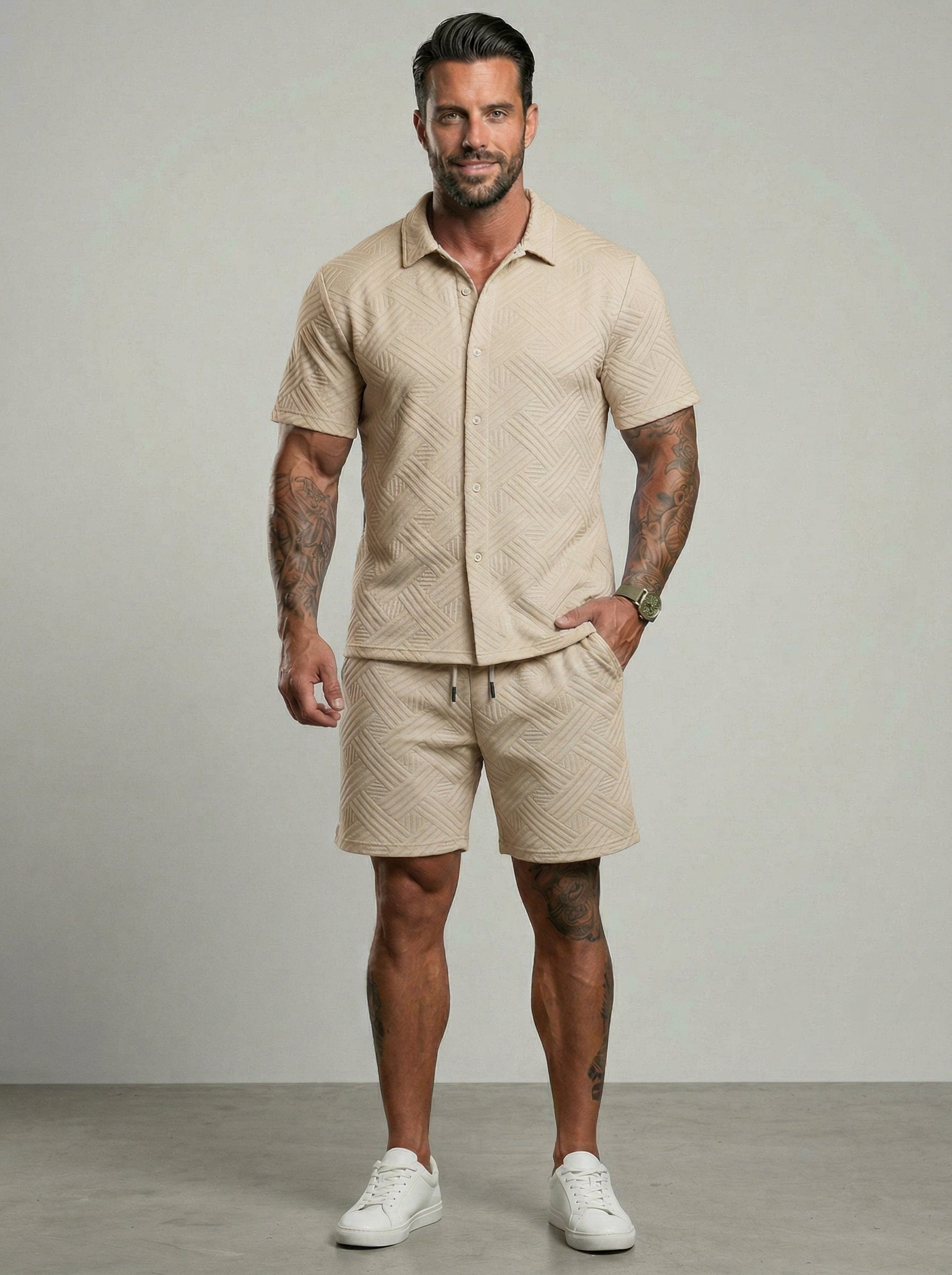 KZZ Short-sleeve button-down shirt and drawstring shorts
