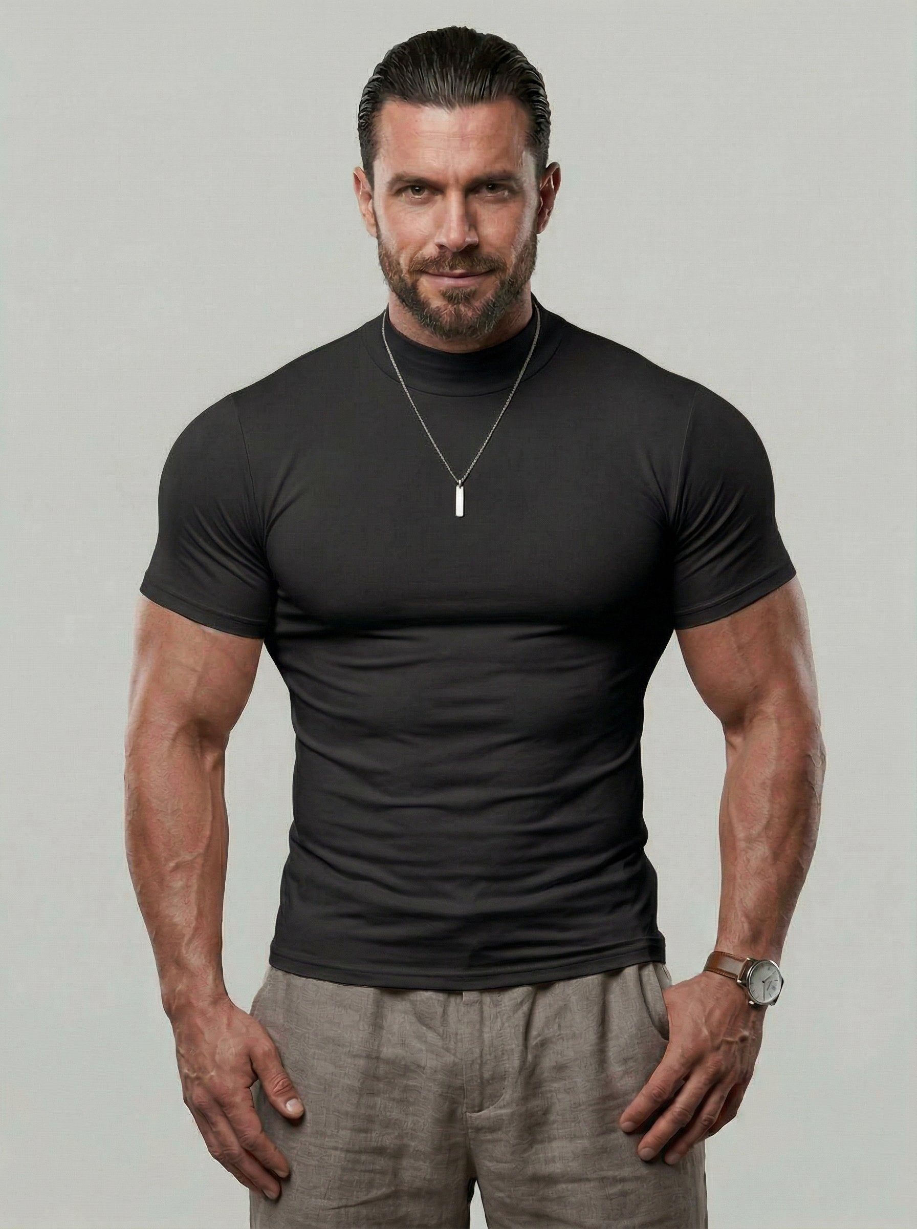 KZZ  Solid Color High Neck Tight-Fitting Short Sleeve T-Shirt