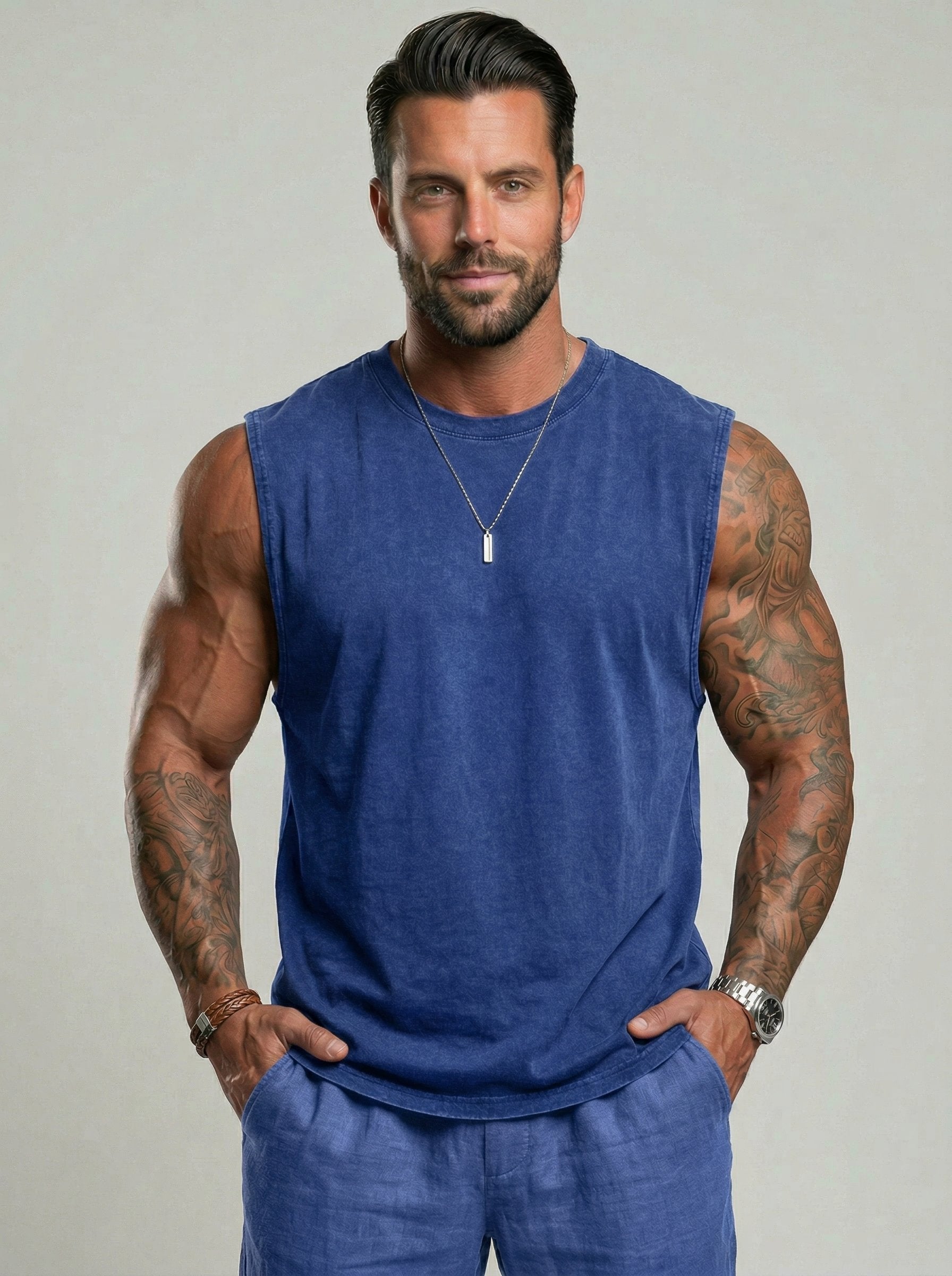 KZZ Men's Washed Sleeveless Fitted Casual Plain Vest