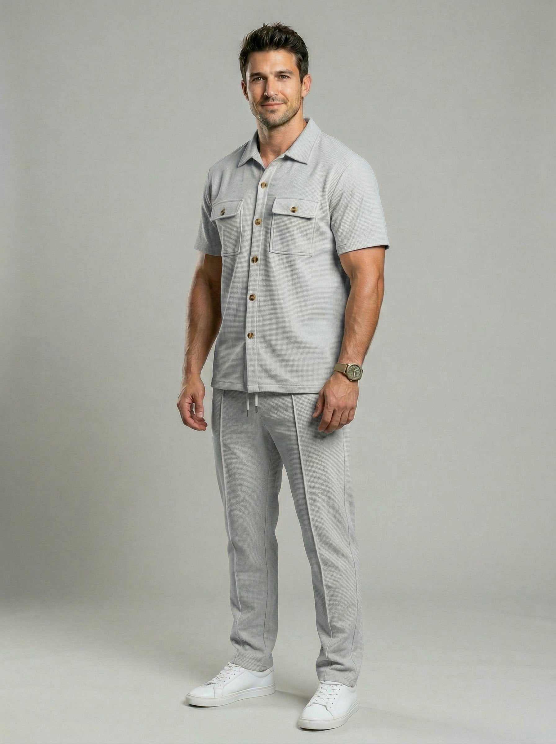 KZZ Solid-Color Button-Down Shirt and Trousers Set