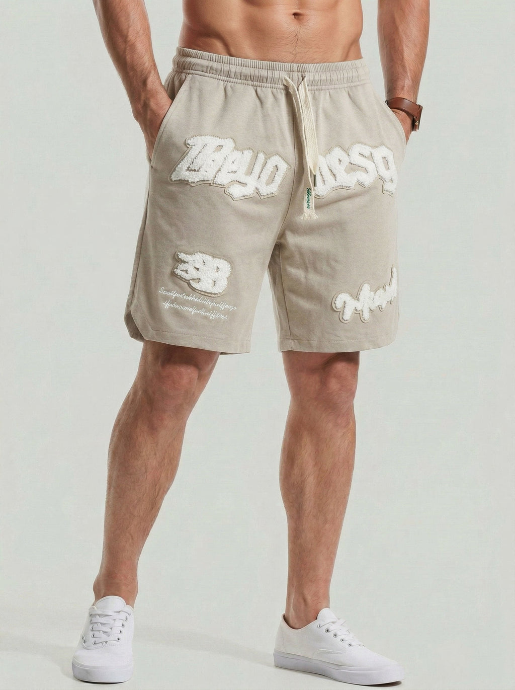 KZZ Men's Letter Embroidery Patched Drawstring Waist  Shorts